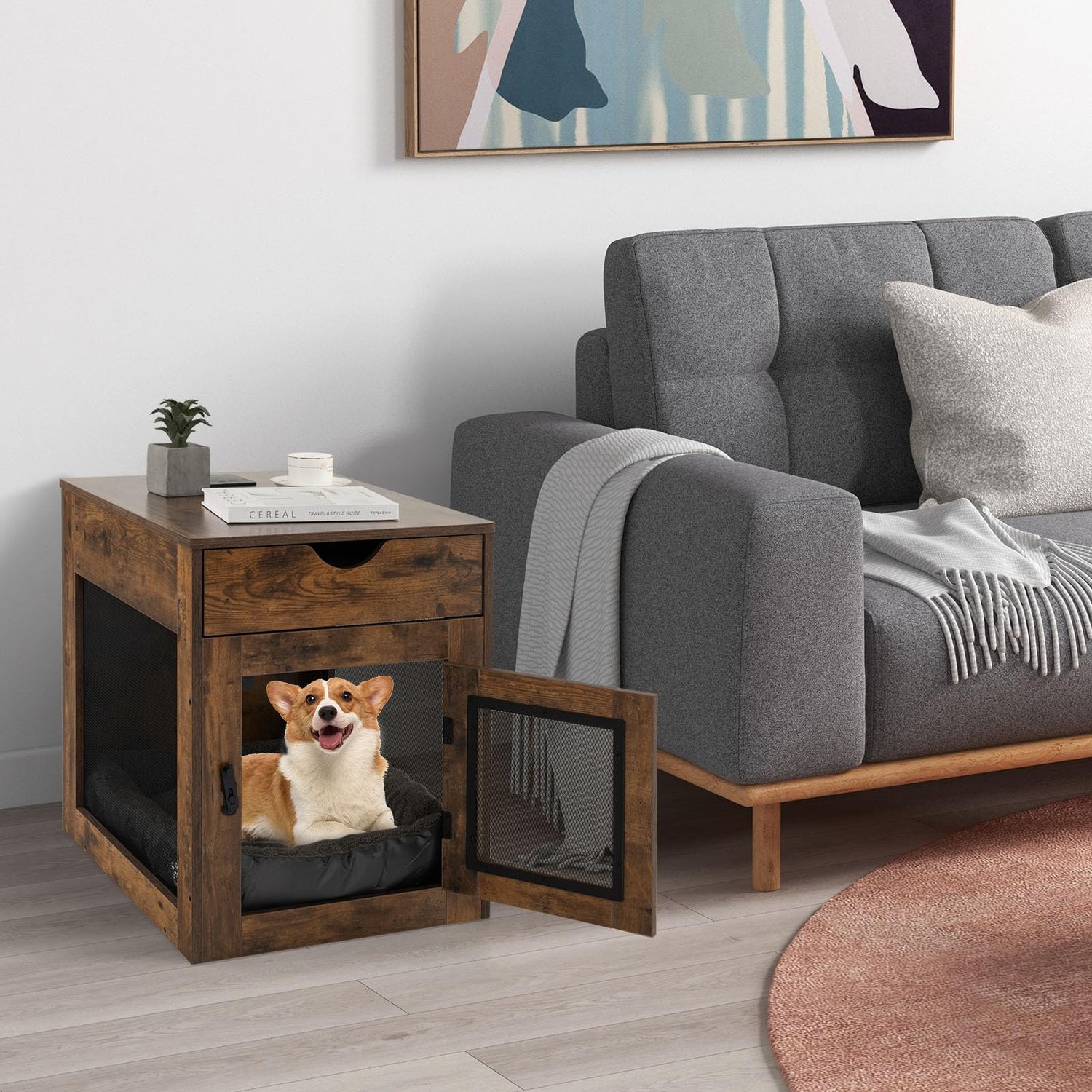 GYMAX Wooden Dog Crate with Drawer and Removable Pad