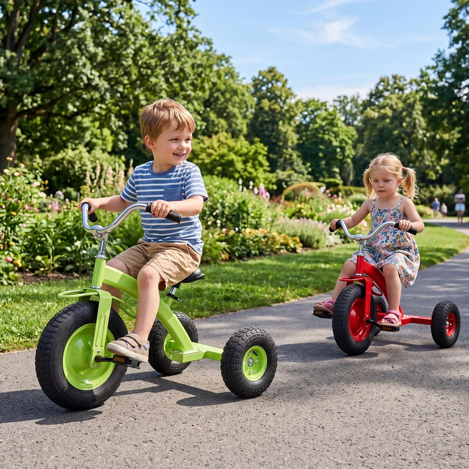 Kids Tricycle, Carbon Steel Toddler Trike with Inflatable Rubber Tires, Adjustable Handlebar & Seat