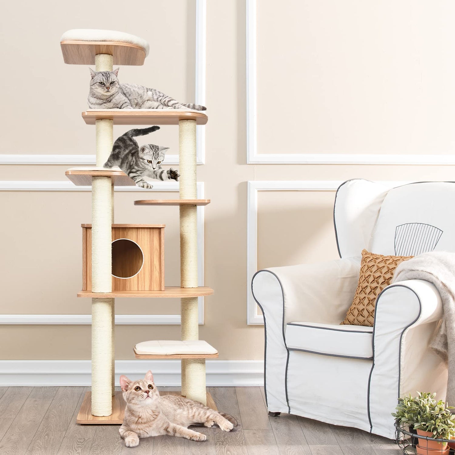 GYMAX Wooden Cat TreeTall Indoor Plush Cat Tower