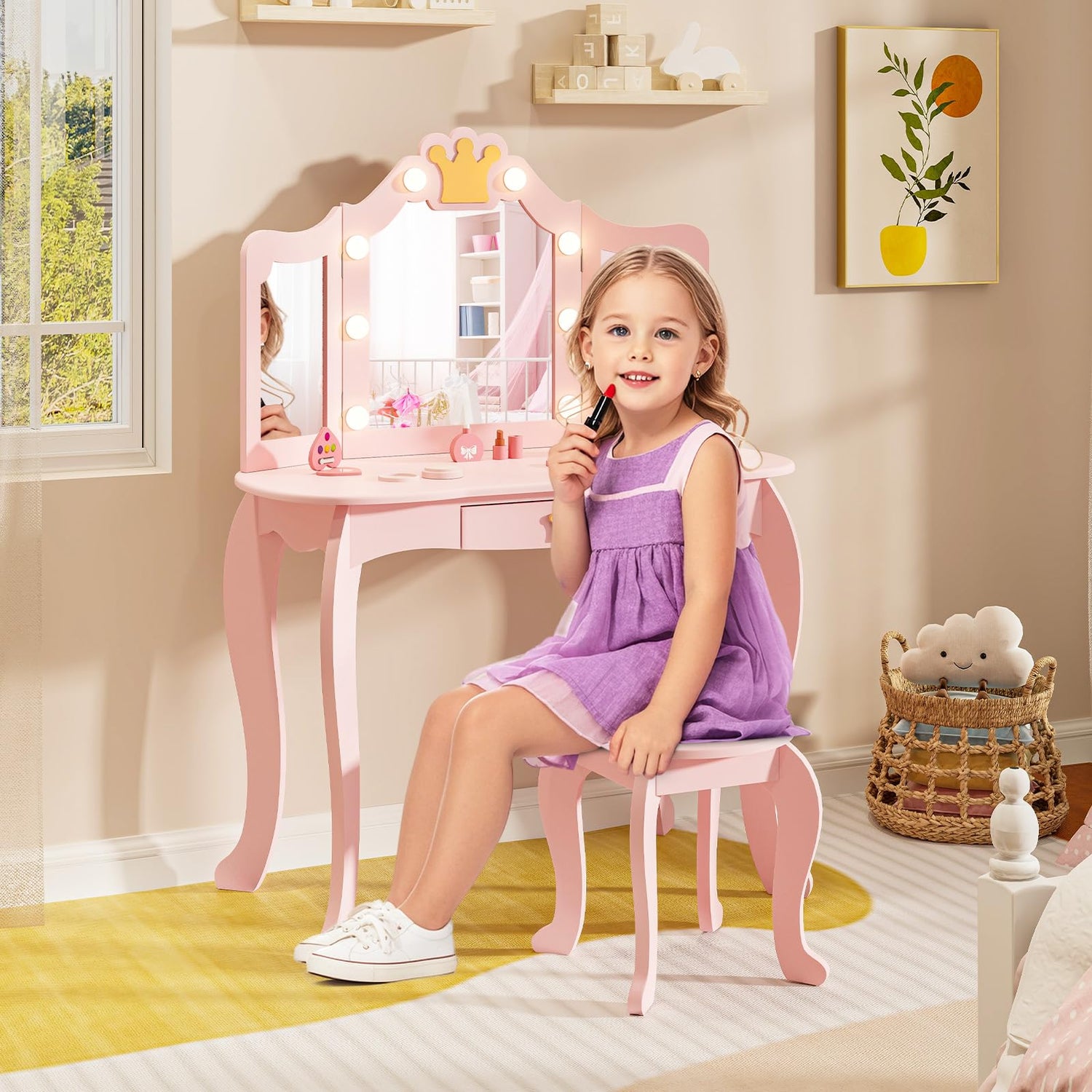 GYMAX Kids Dressing Table and Stool with 3-Color LED Lighted Tri-fold Mirror
