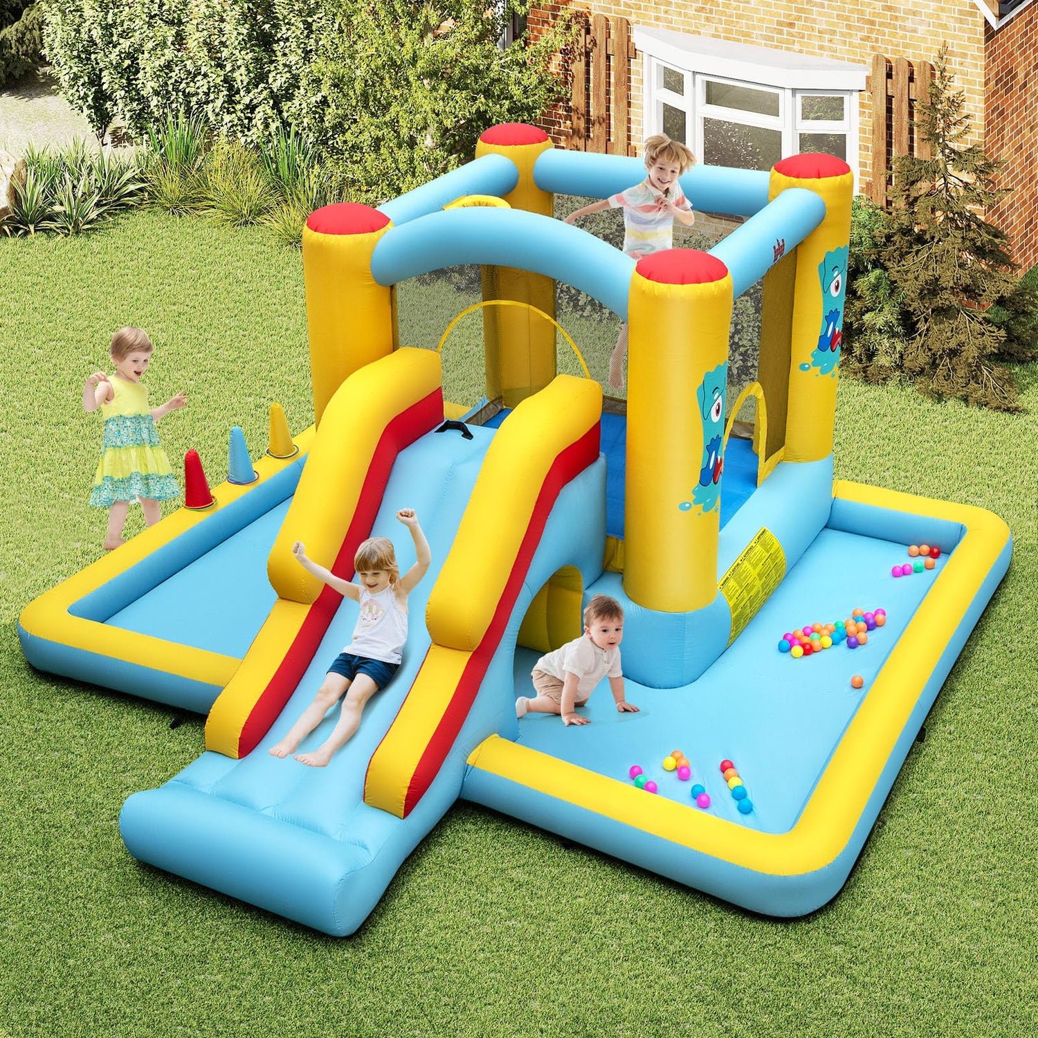 GYMAX 7 in 1 Kids Bouncy Castle with Slide& Climbing Wall