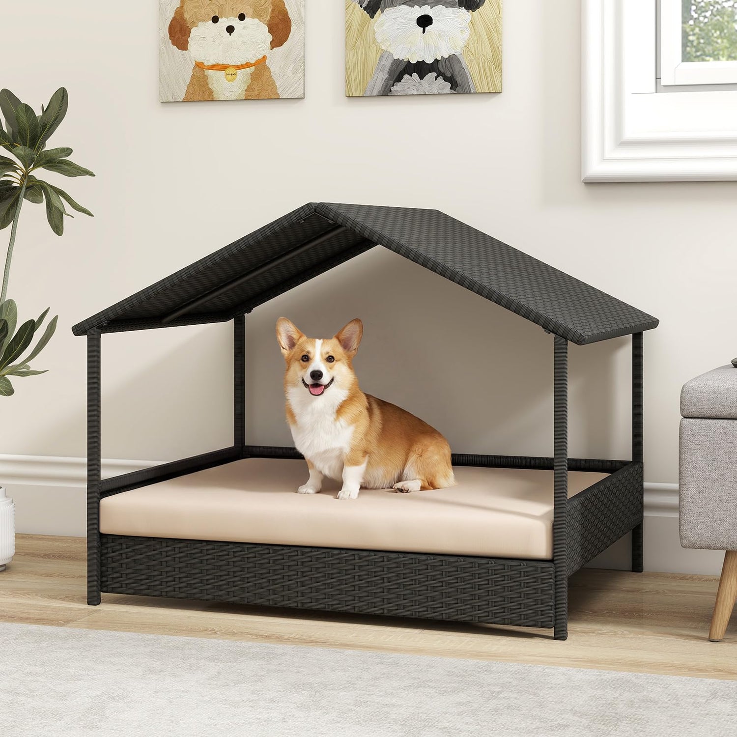 Wicker Dog Bed, Raised Rattan Dogs House with Canopy