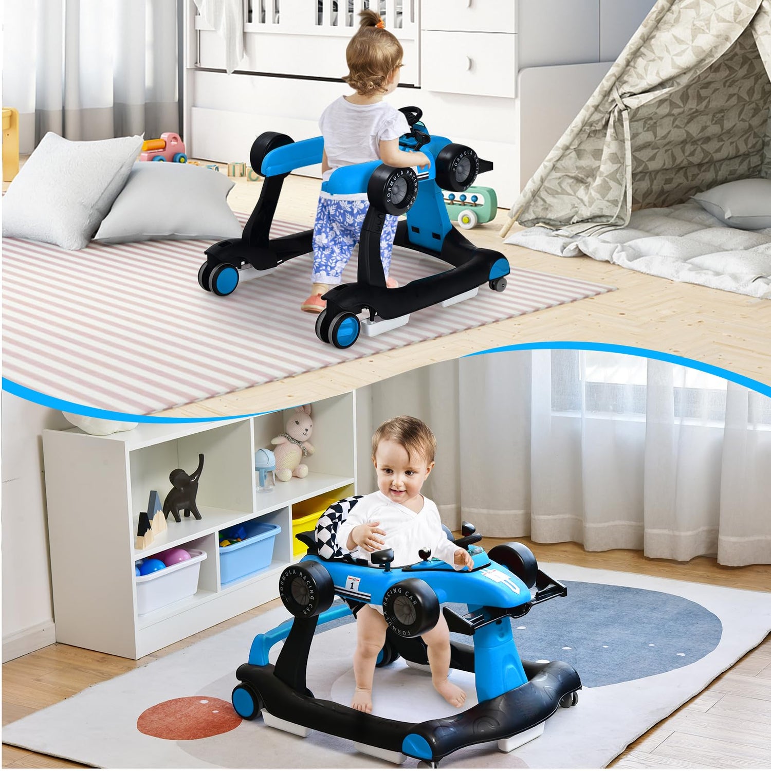 GYMAX Baby Walker, 4 in 1 Foldable Toddler Push Along Walker with Steering Wheel