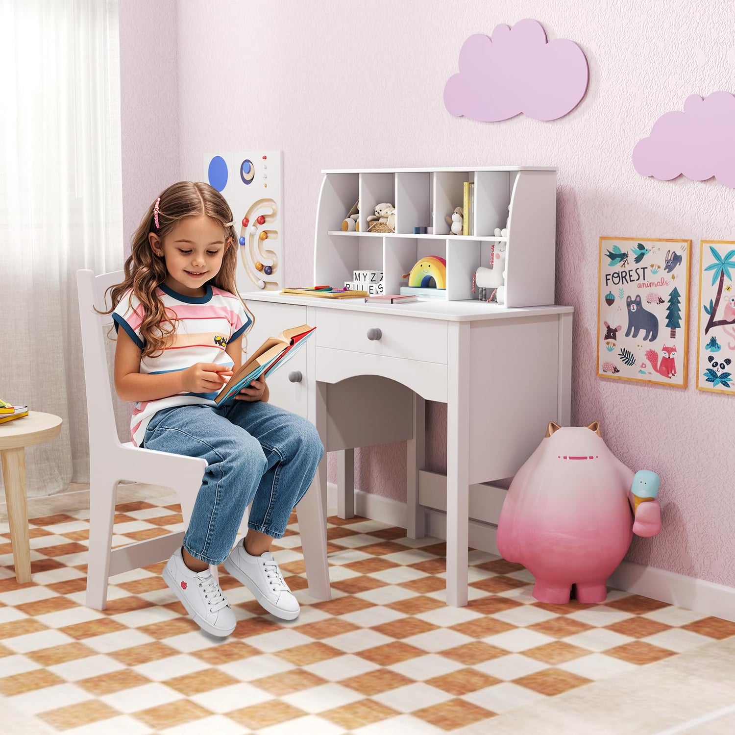 GYMAX Kids Desk and Chair Set with Drawer