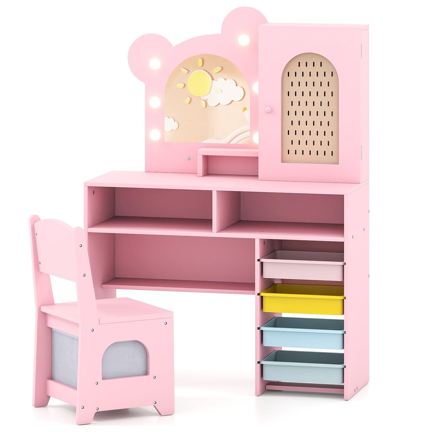 Kids Vanity Set, Girls Dressing Table with 3-Color LED Lights Mirror
