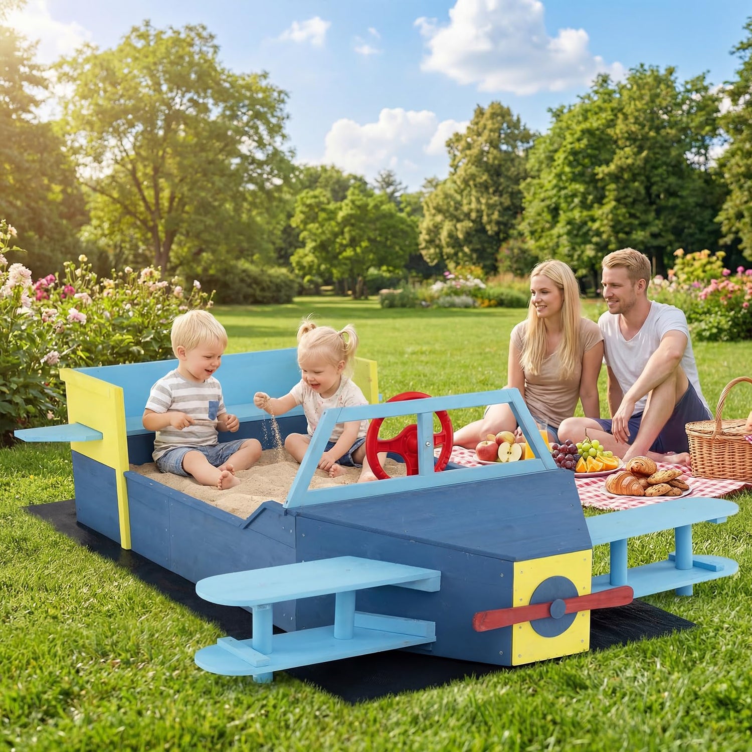 Wooden Kids Sandpit, Glider-Shape Sand Box with Bench Seat, Propeller, Rotatable Rudder, Side Wings