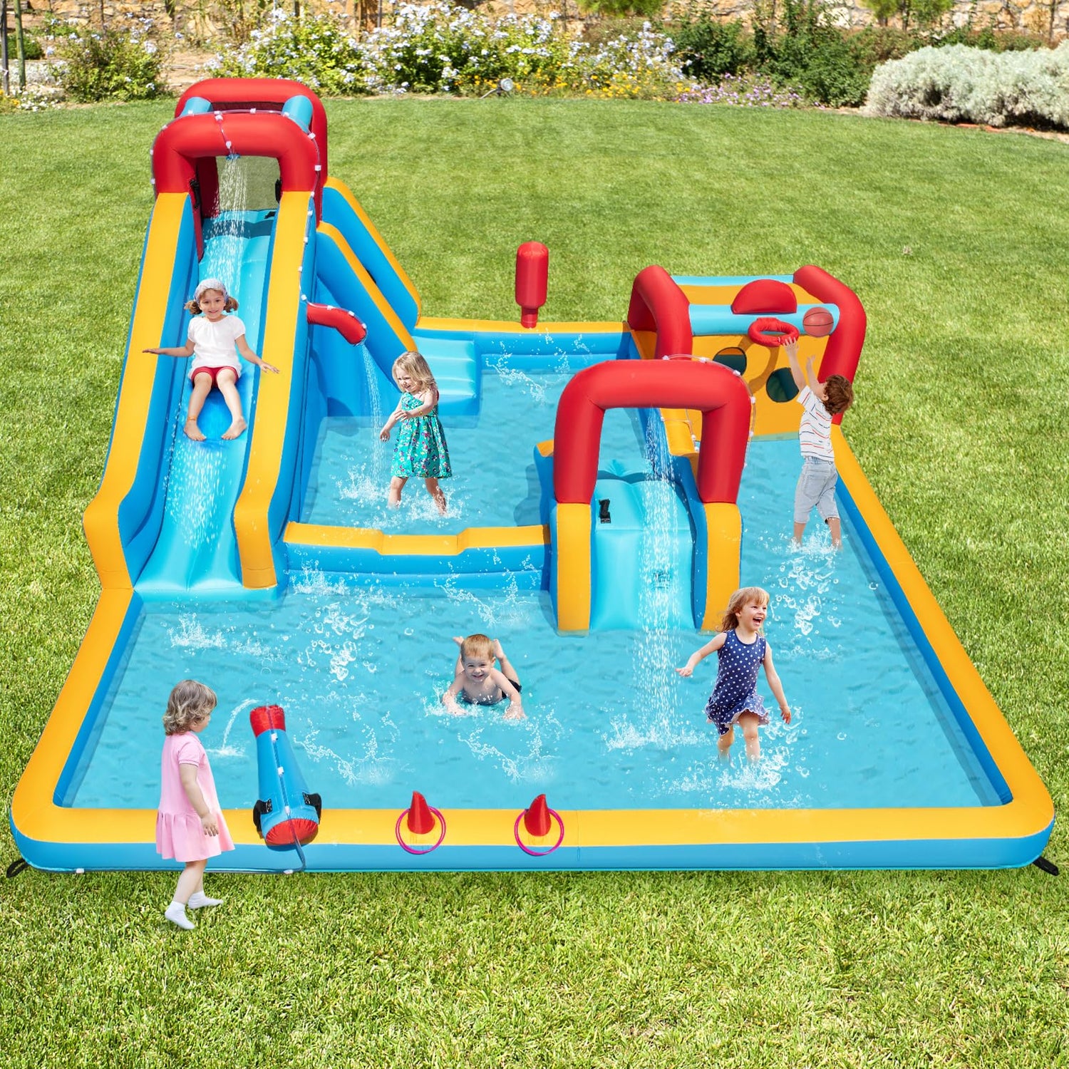 9 in 1 Inflatable Water Park, Outdoor Children Bounce House with Double Slides, Climbing Wall