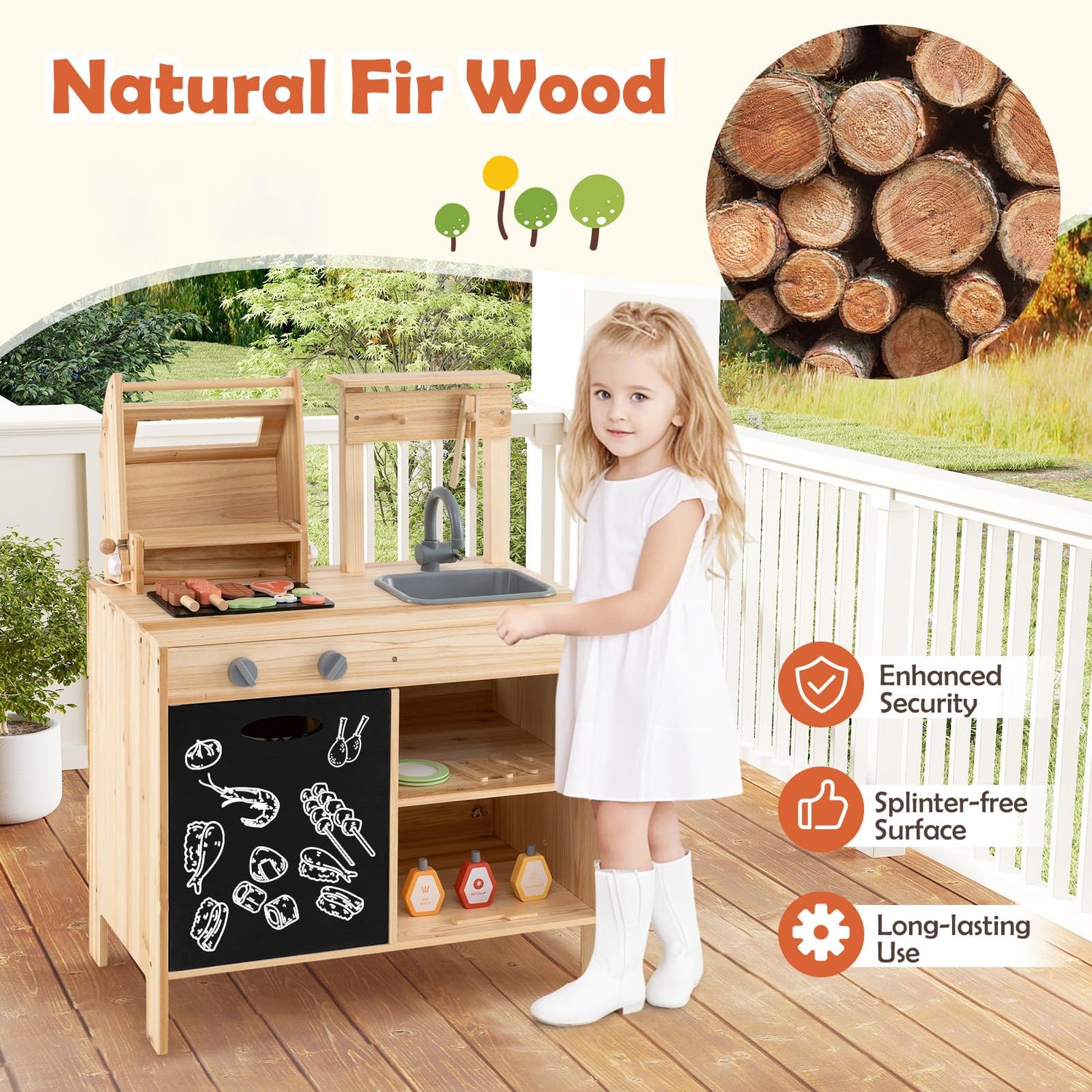 GYMAX Kids Barbecue Playset, Wooden Children Kitchen with Sink