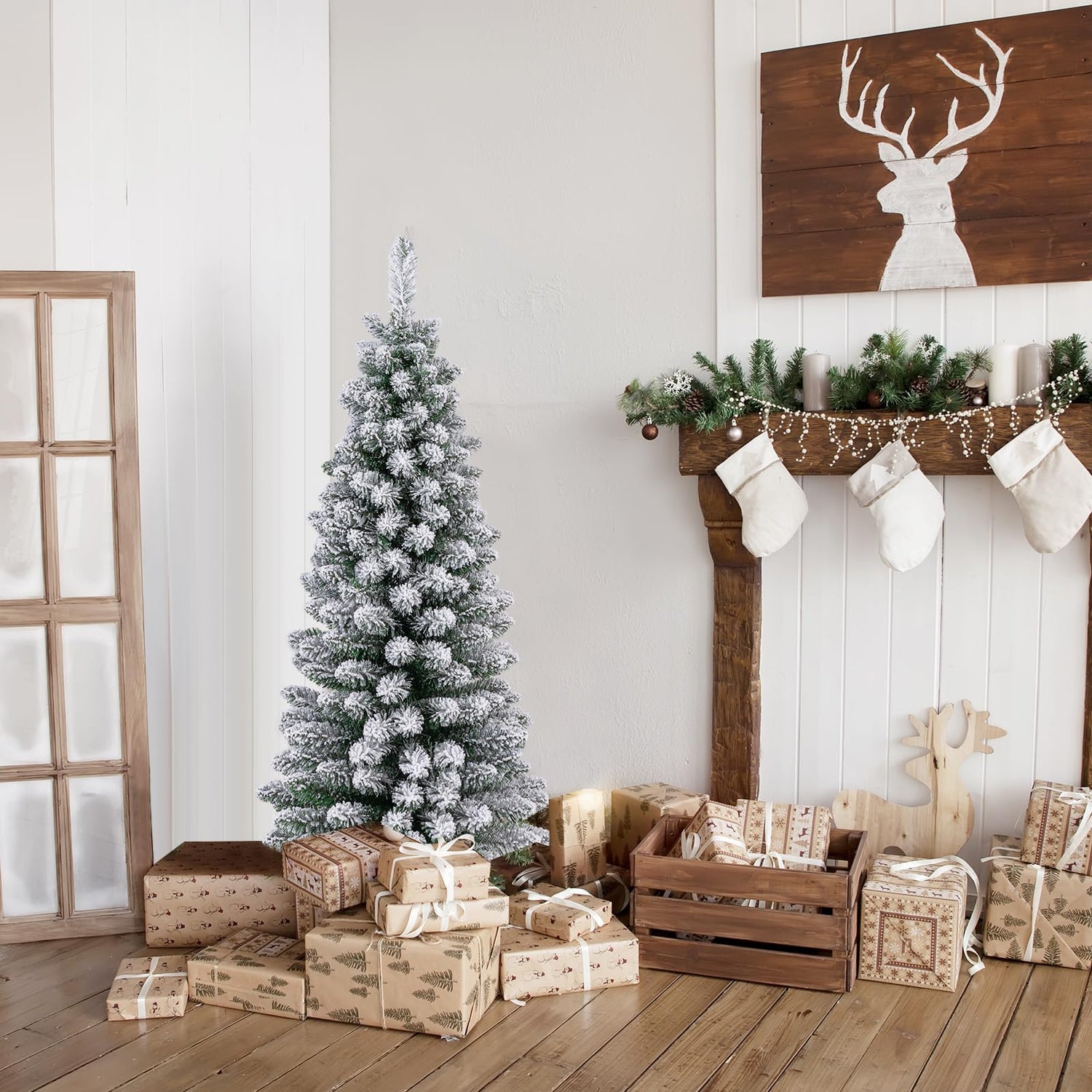 GYMAX Snow Flocked Slim Pencil Xmas Tree with 240/328Branch Tips
