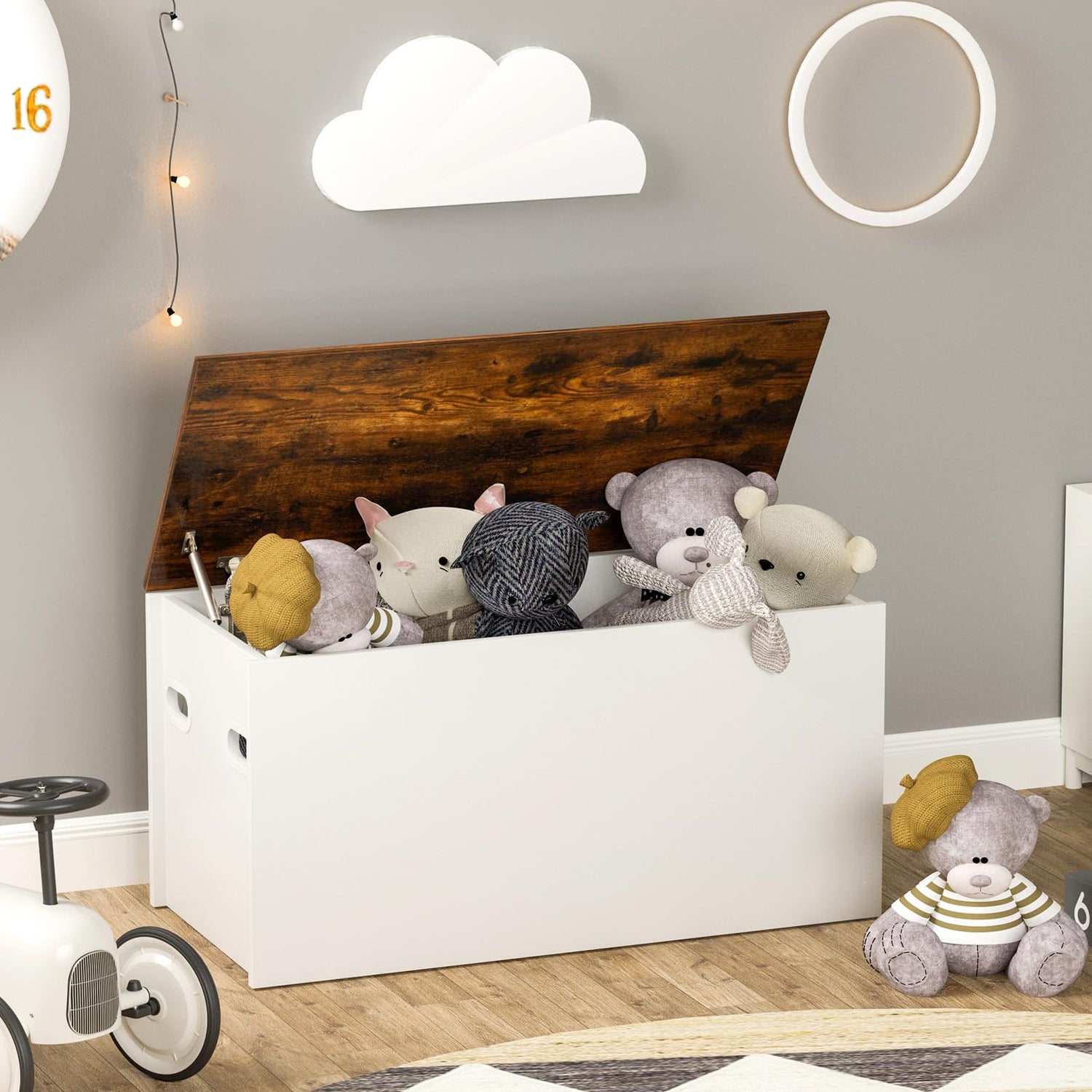 GYMAX Wooden Toy Box, Kids Storage Chest with Lid, Safety Hinges & Groove Handle