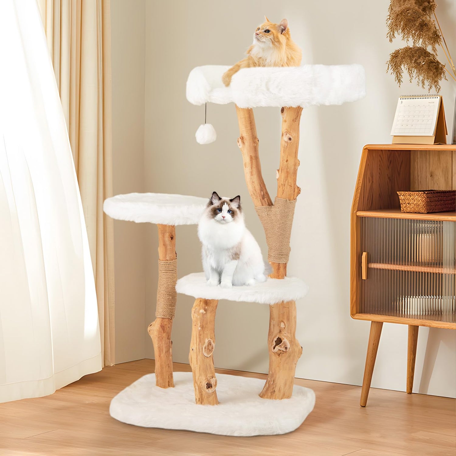GYMAX Solid Wood Cat Tree, Modern Wooden Cat Tower with Perch