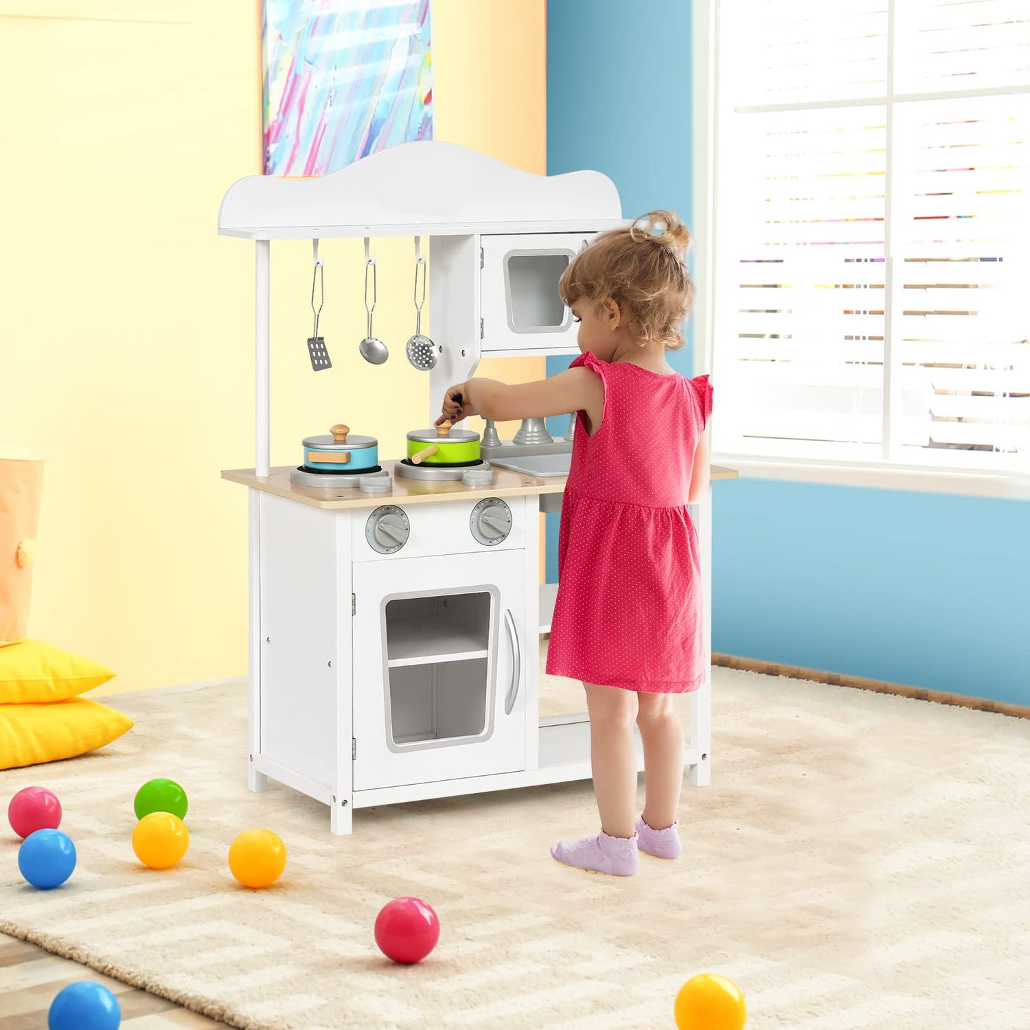 GYMAX Wooden Play Kitchen, Kids Kitchen Playset（60 x 30 x 83cm）