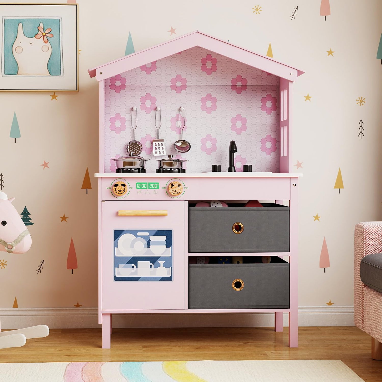 Kids Play Kitchen with 2 Stoves and Drawers and Dishwasher