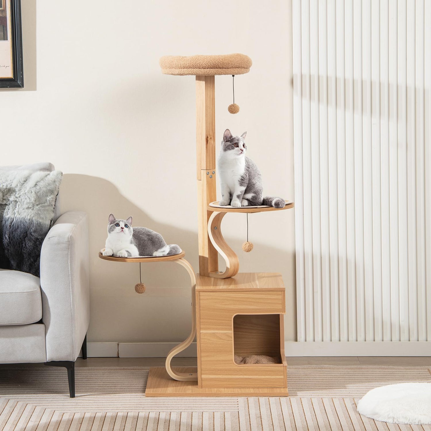 GYMAX Wooden Cat Tree, 129cm Tall Cat Tower