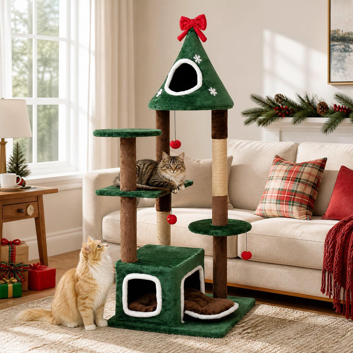Cat Tree, Christmas Cats Climbing Tower with Condos