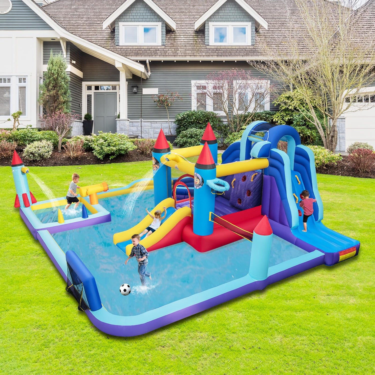 GYMAX 10 in 1 Inflatable Kids Bouncy Castlek with 2 Slides