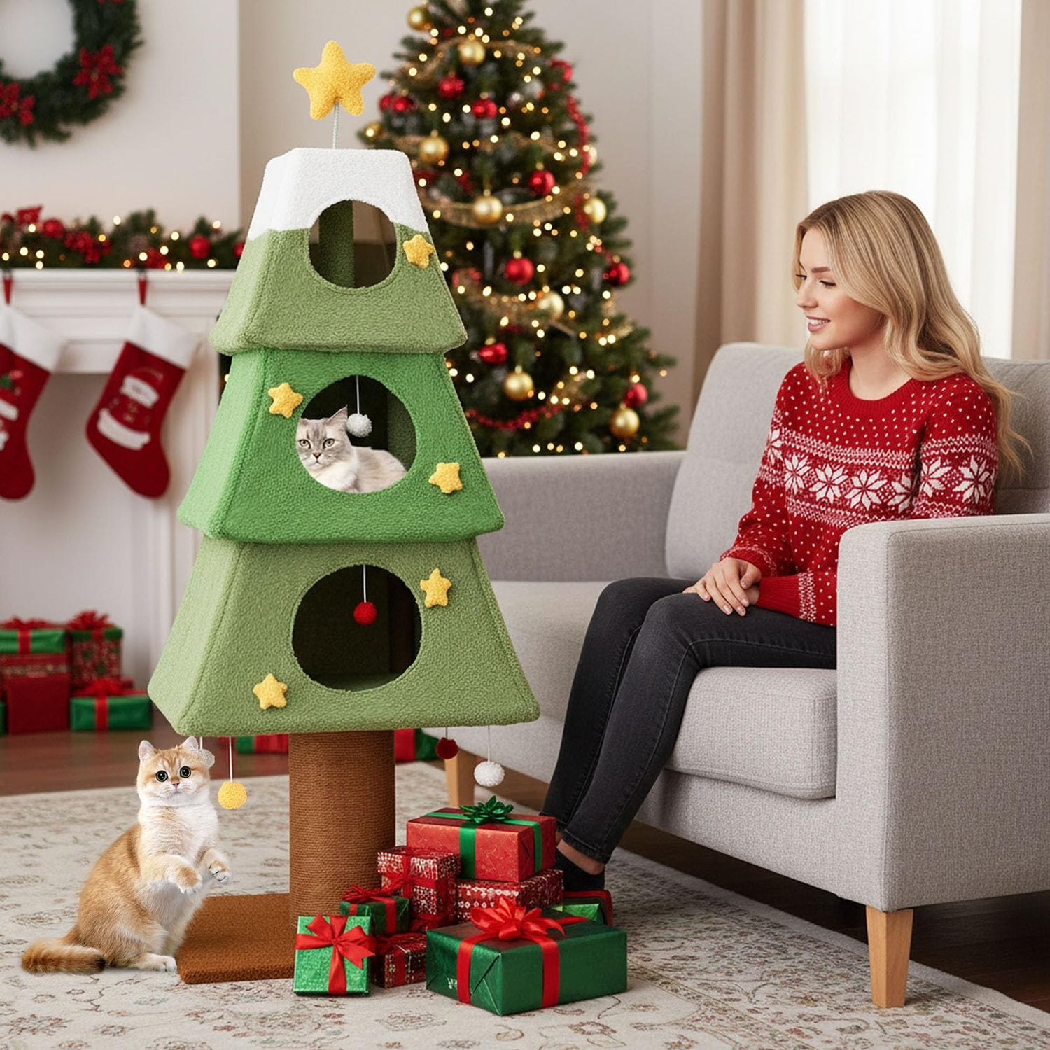 Christmas Tree Shape Cats Tower with Condos for Indoor Cats