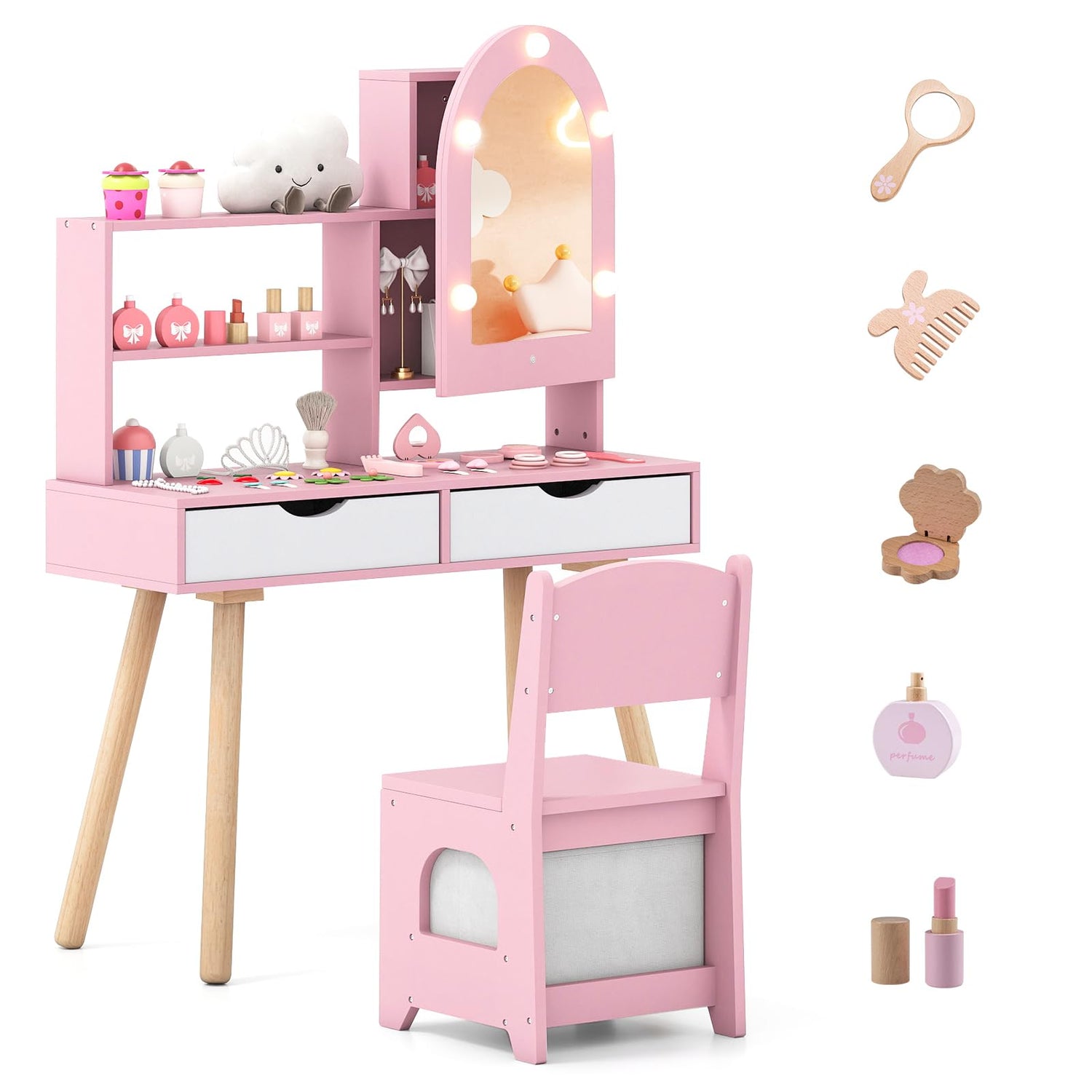 Kids Vanity Set Pretend Play Dressing Table Set with 3-Color Lighting Modes