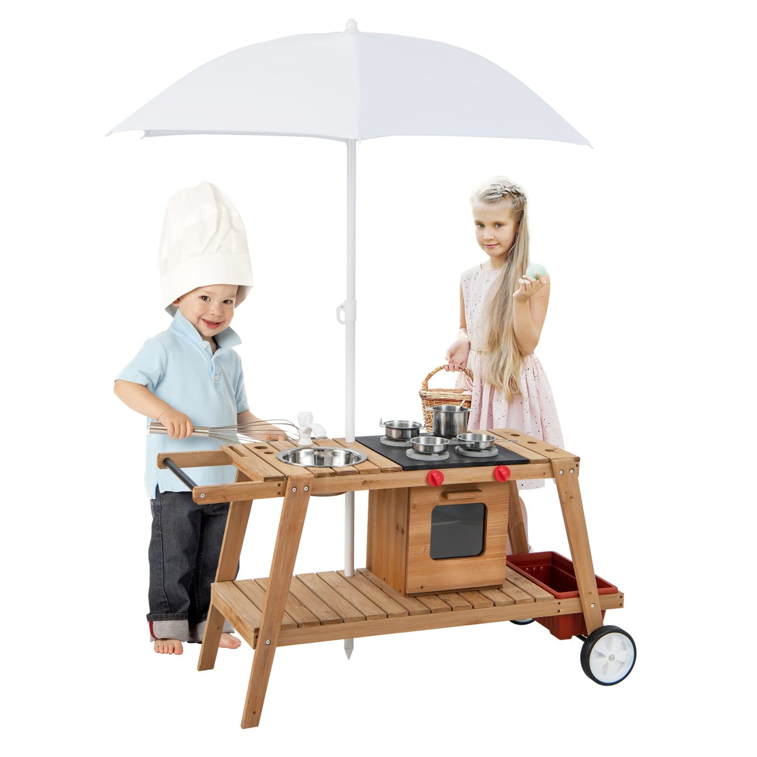 GYMAX Kids Mud Kitchen, Outdoor Wooden Toy Kitchen with Removable Umbrella