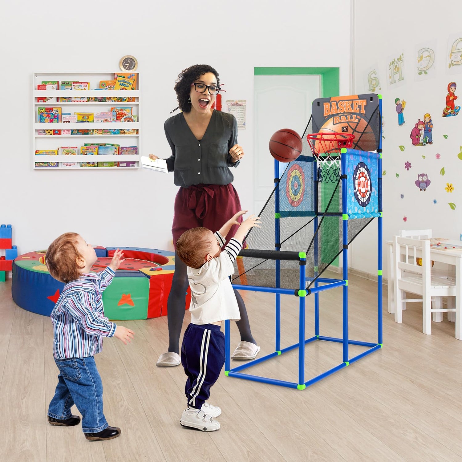 GYMAX 2 in 1 Kids Basketball Stand Set with 2 Basketballs