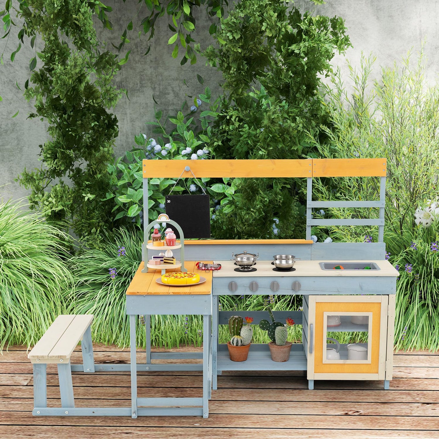 GYMAX Kids Mud Kitchen, Children Pretend Play Kitchen with Picnic Table, Bench, Blackboard