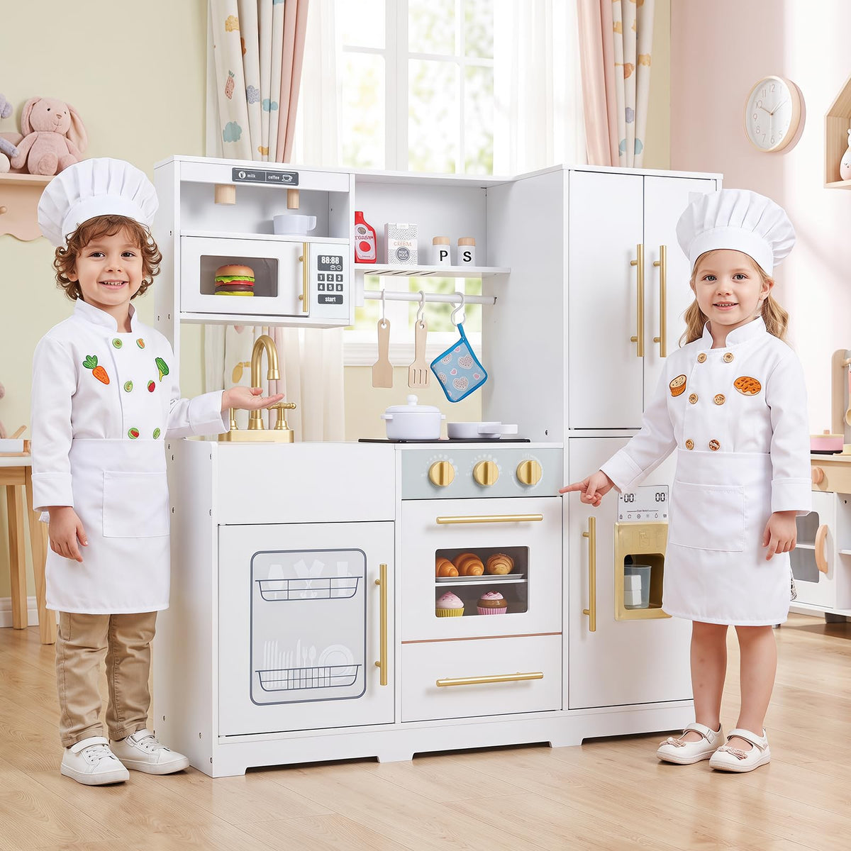 Kids Play Kitchen, Wooden Toy Kitchen with Stoves