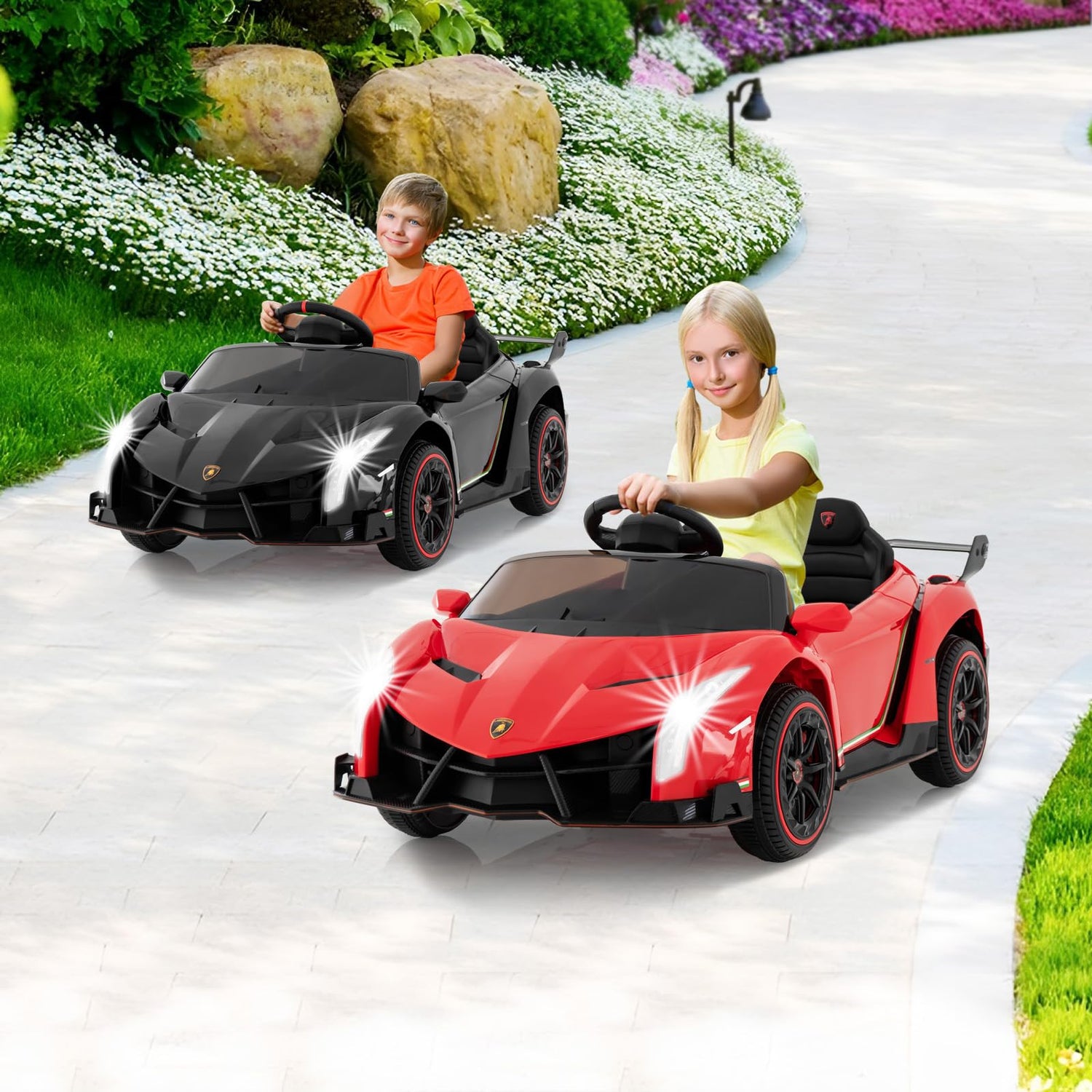 GYMAX Kids Ride on Car, 12V Battery Powered Licensed Lamborghini Car with Remote Control, Music, 3 Speeds