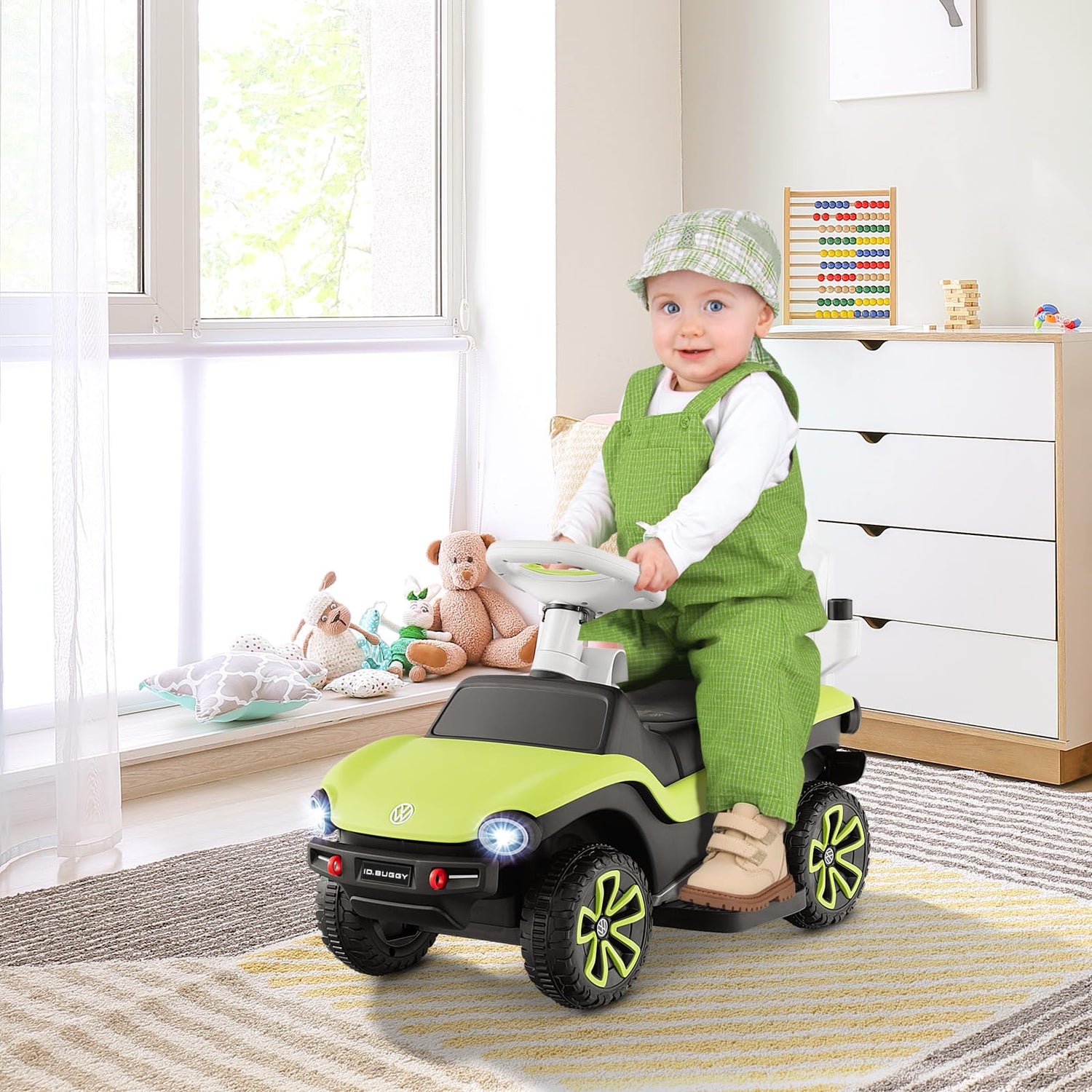 GYMAX 3 in 1 Kids Ride on Push Car, Licensed Volkswagen Push Along Car with Adjustable Handle, Guardrails, Canopy, MP3, USB, Horn & Music