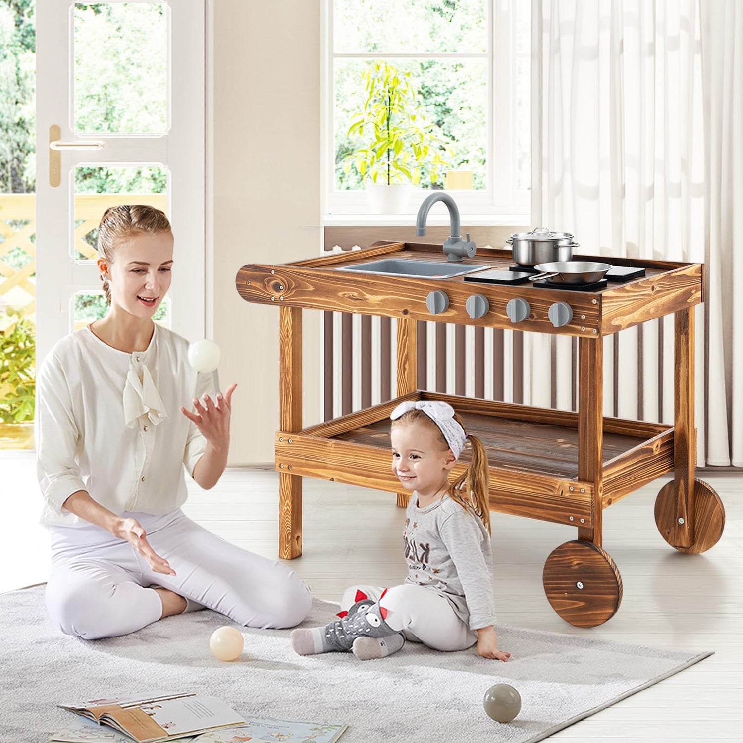 GYMAX Wooden Toy Kitchen with Rolling Wheels