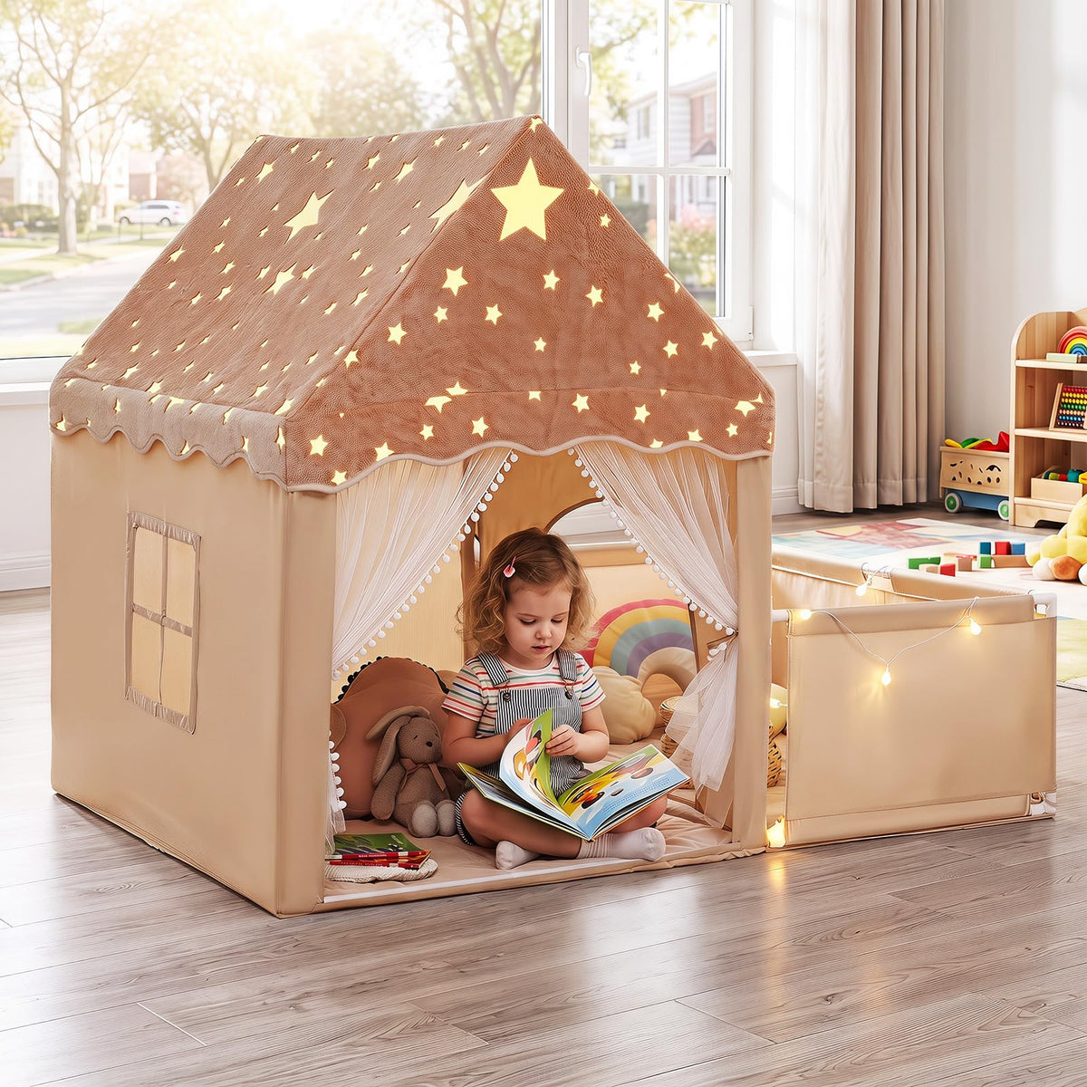 Kids Play Tent with Playpen, Padded Mat, Star Lights