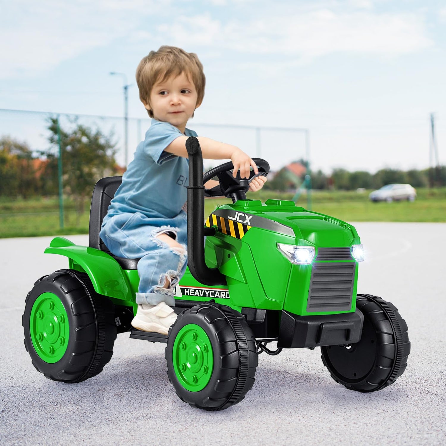 GYMAX Kids Ride On Tractor and Trailer, 12V Battery Powered Toy Car with Remote Control