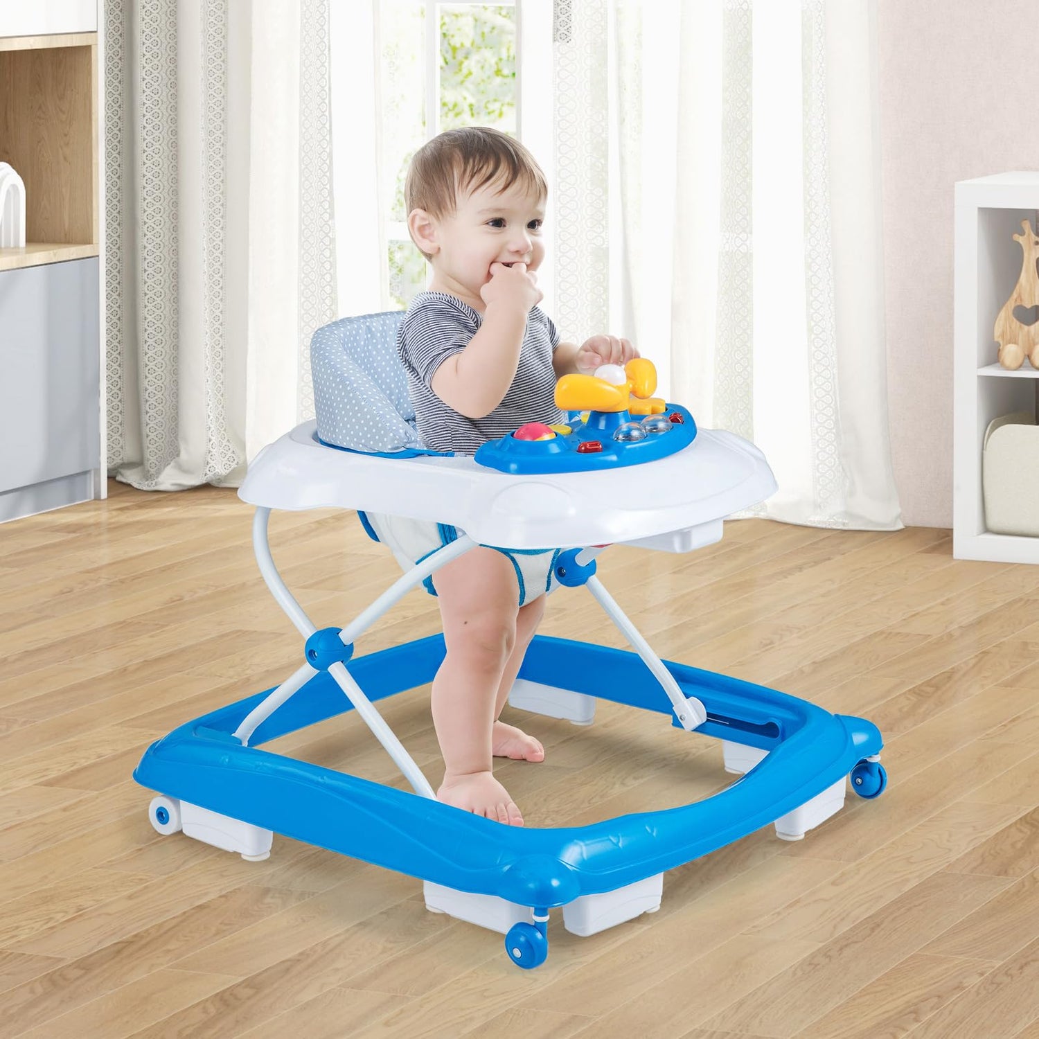 GYMAX Baby Walker, 4 in 1 Foldable Toddler Push Along Walker with Wheels, Music Tray, Lights and Comfy Seat