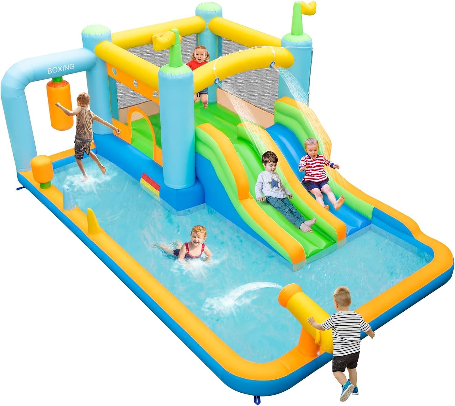 GYMAX  7 in 1  Kids Bouncy Castle with 2 Slides
