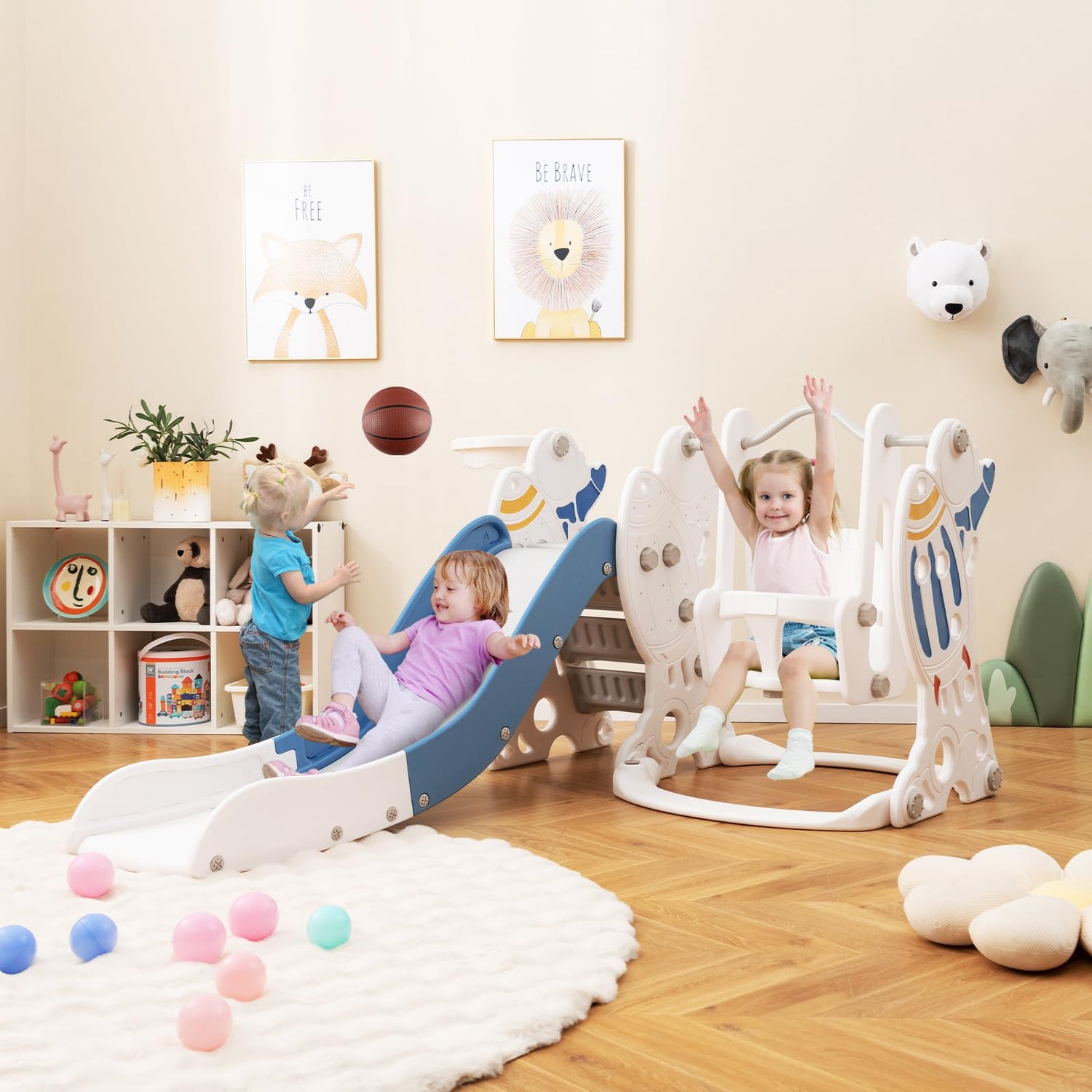 GYMAX Toddler Swing and Slide Set, 4-in-1 Children Climber and Swing Set with Basketball Hoop