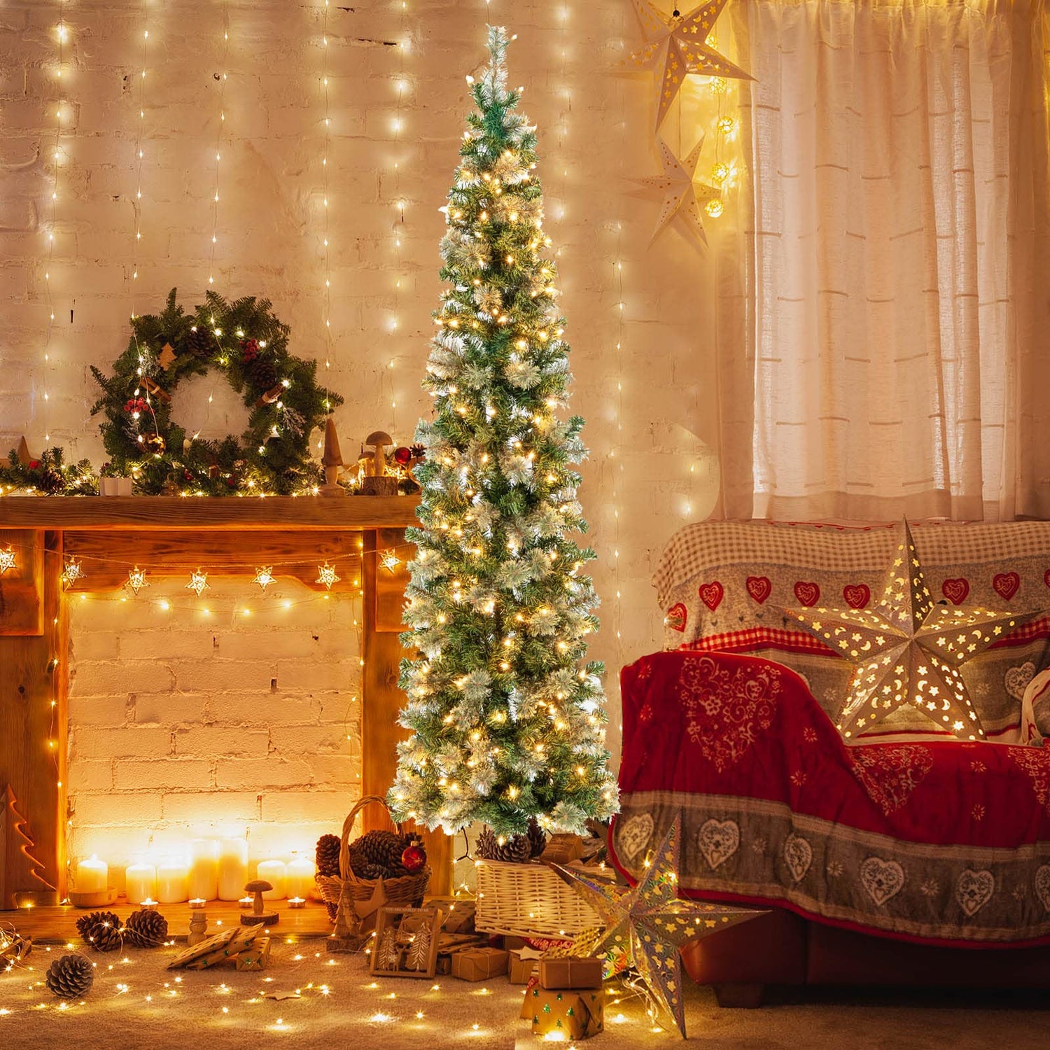 GYMAX 7 FT Pre-lit Half-Shape Christmas Tree