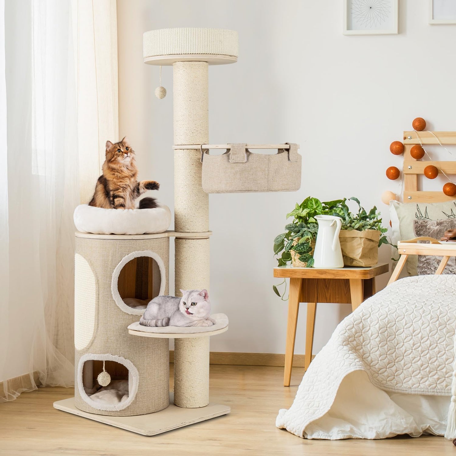GYMAX Wooden Cat Tree, 154cm Cat Climbing Tower with Sisal Scratching Posts & Board