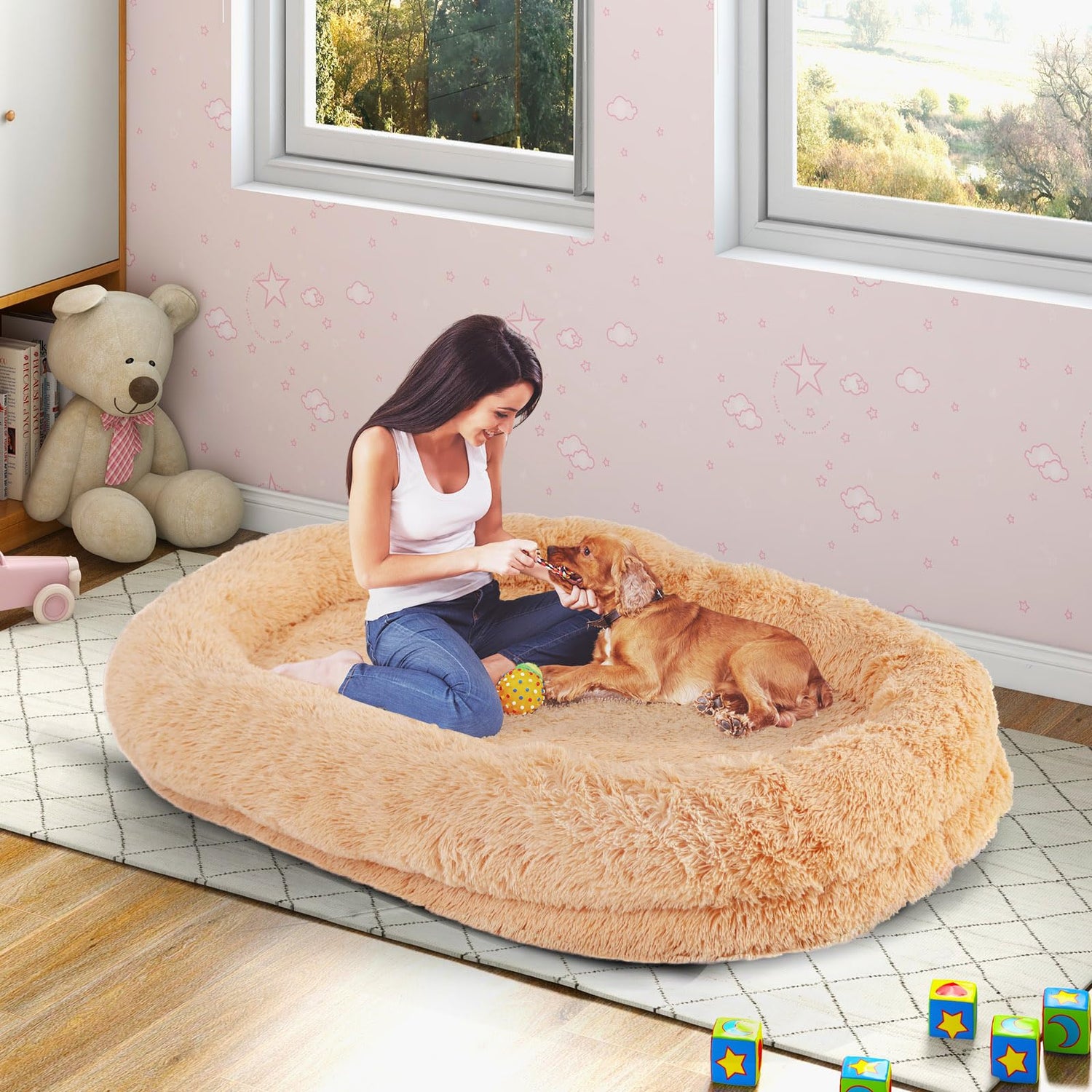 GYMAX Human Dog Bed for Adult, Large Human Sized Dog Bed with Washable Fluffy Faux Fur Cover