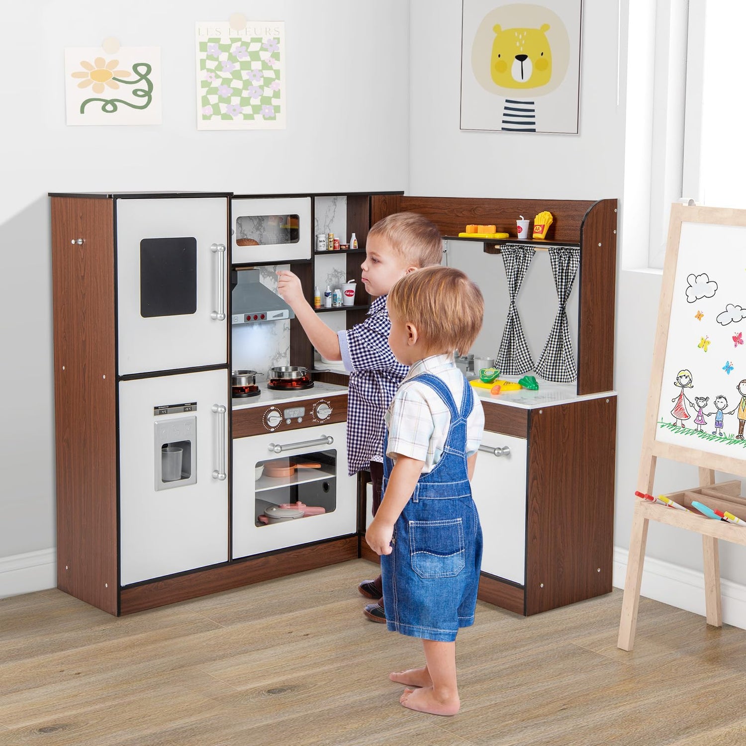 GYMAX Kids Corner Kitchen, Wooden Play Kitchen with Stoves, Microwave, Oven, Telephone, Range Hood, Ice Maker, Chalkboard