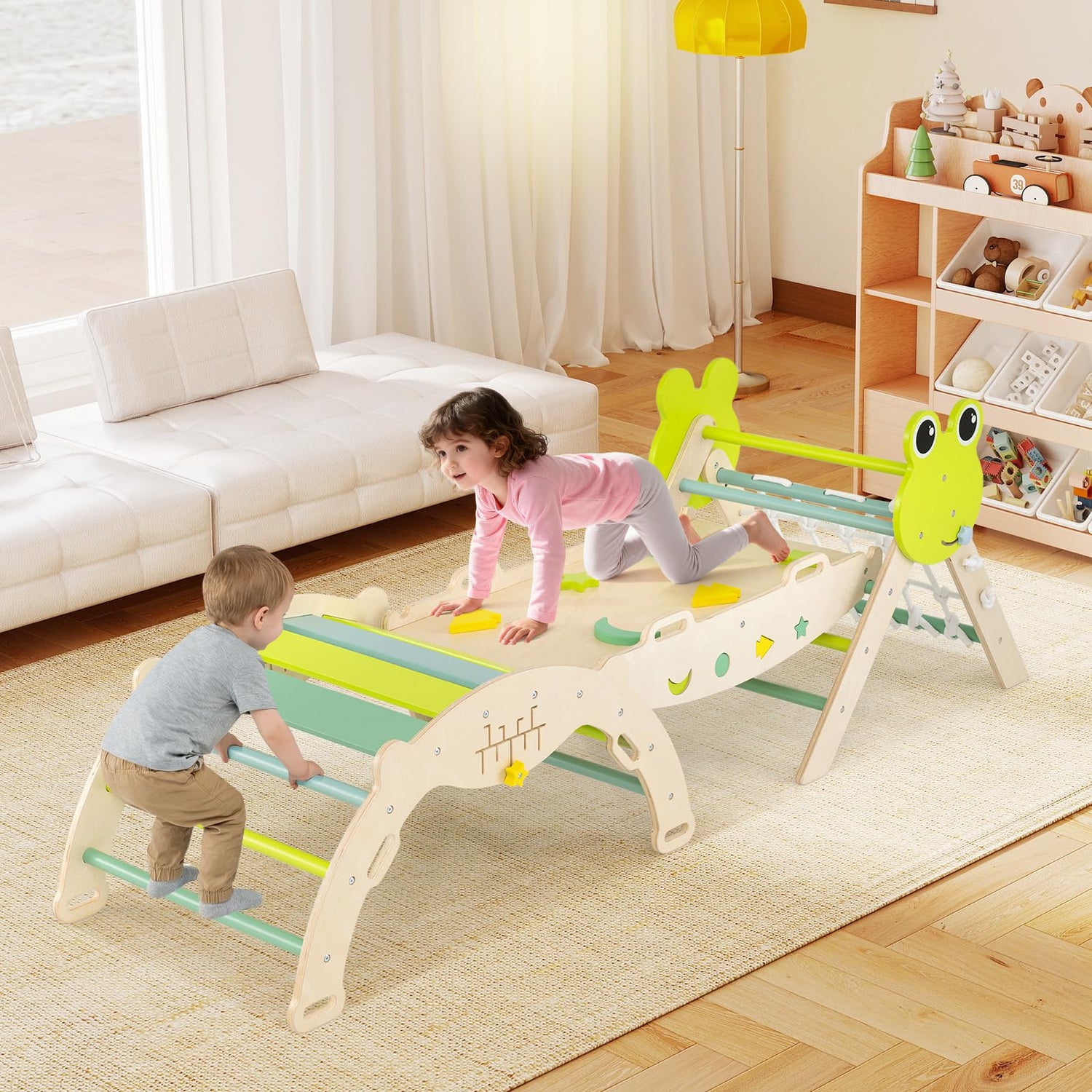 Toddler Climbing Frame, Kids Wooden Climber Toys Set with Arch, Reversible Ramp