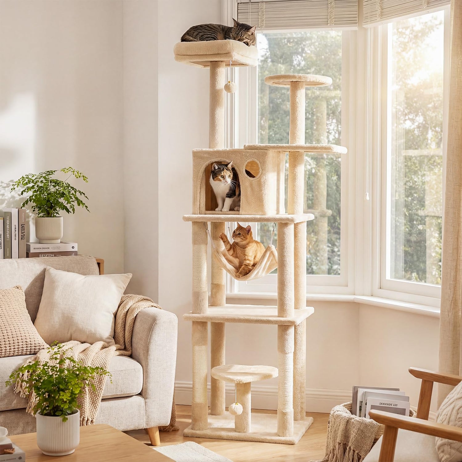 Cat Tree, 168cm Tall Modern Cats Tower with 2 Perches, Hammock