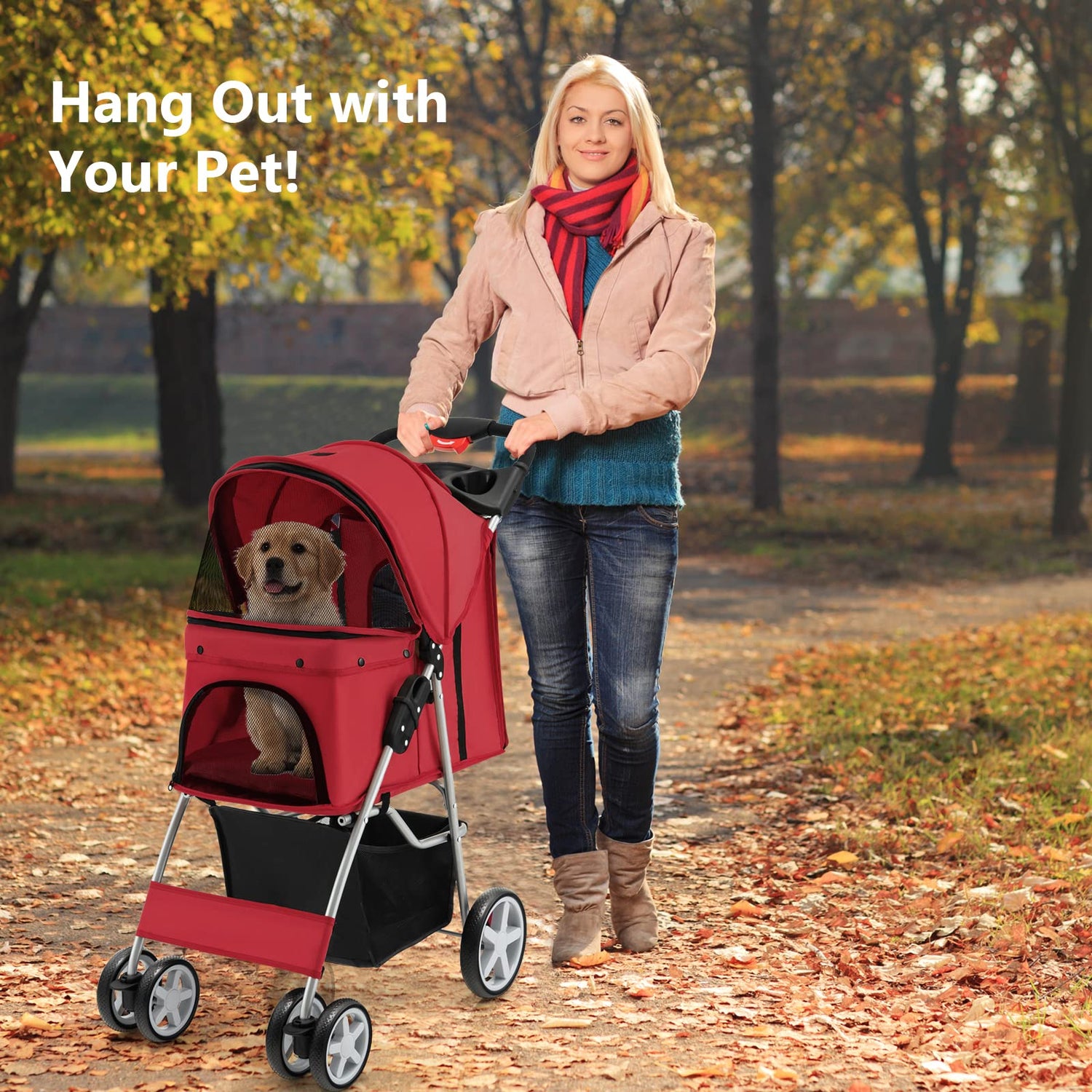 GYMAX Folding Pet Stroller, Portable Pet Travel Pushchair with 4 Wheels, Safety Belt