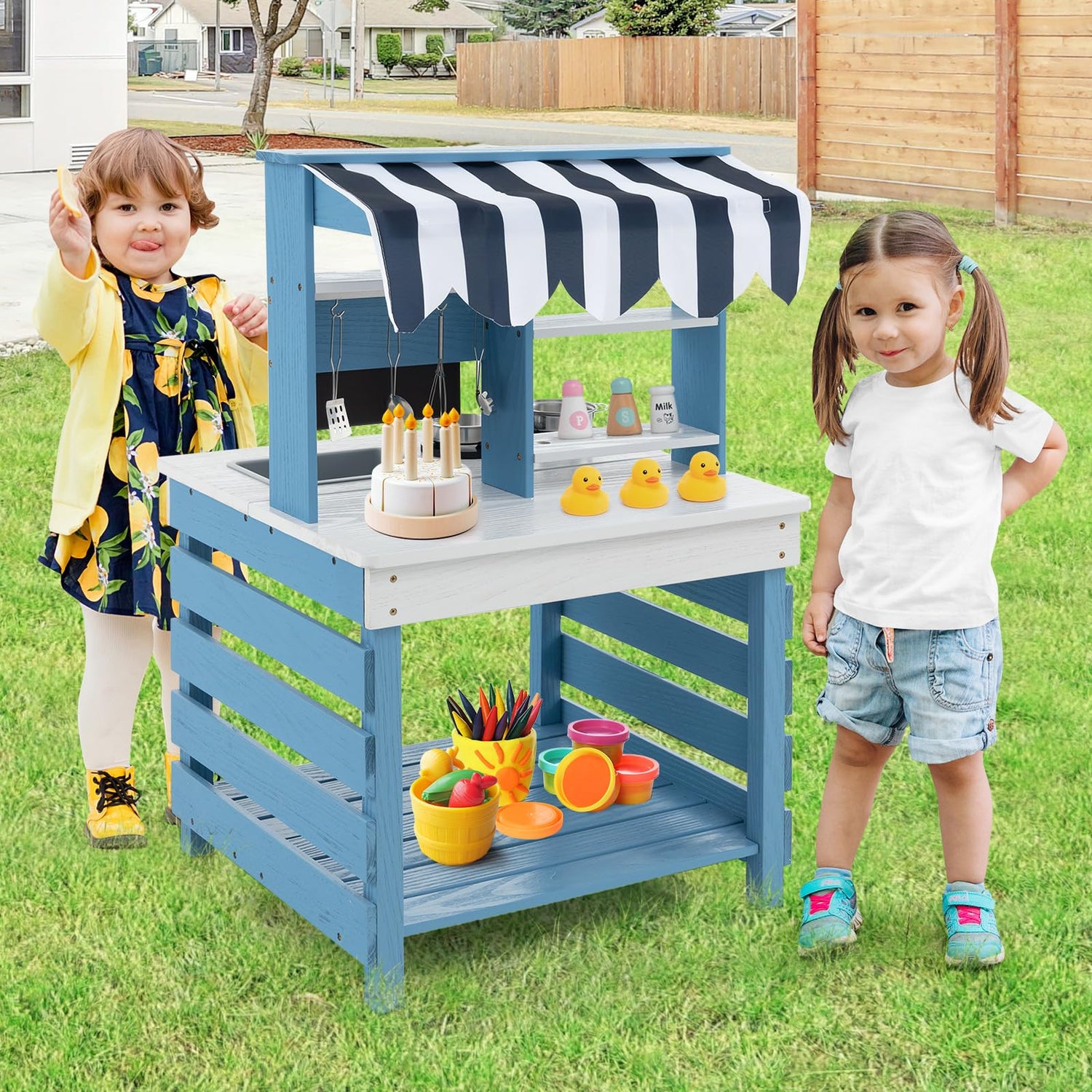 GYMAX Kids Mud Kitchen, Outdoor Double-Sided Toy Kitchen with Stoves, Removable Sink, Faucet