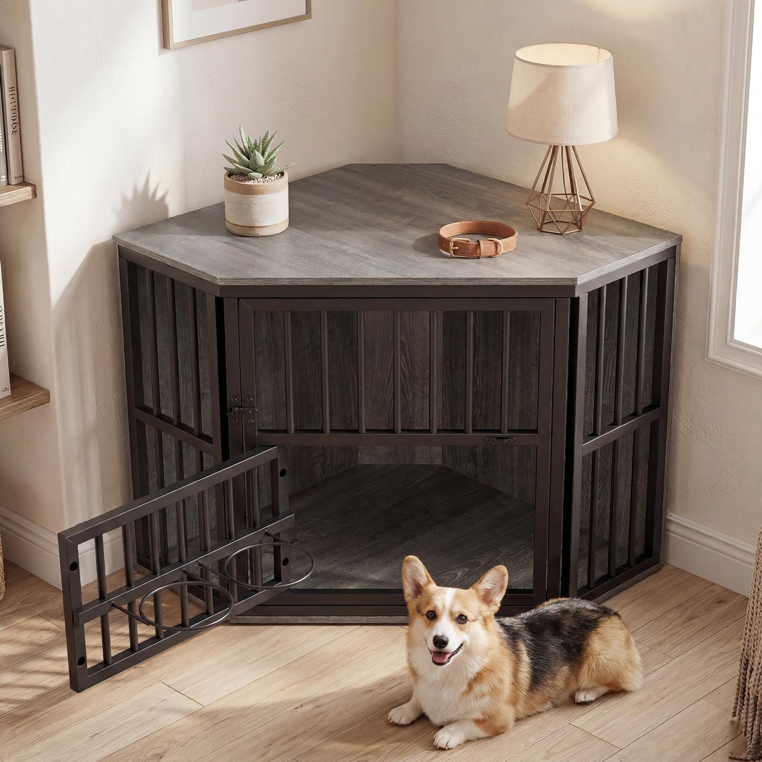Wooden Dog House with 3-Level Adjustable Dog Bowl Rack