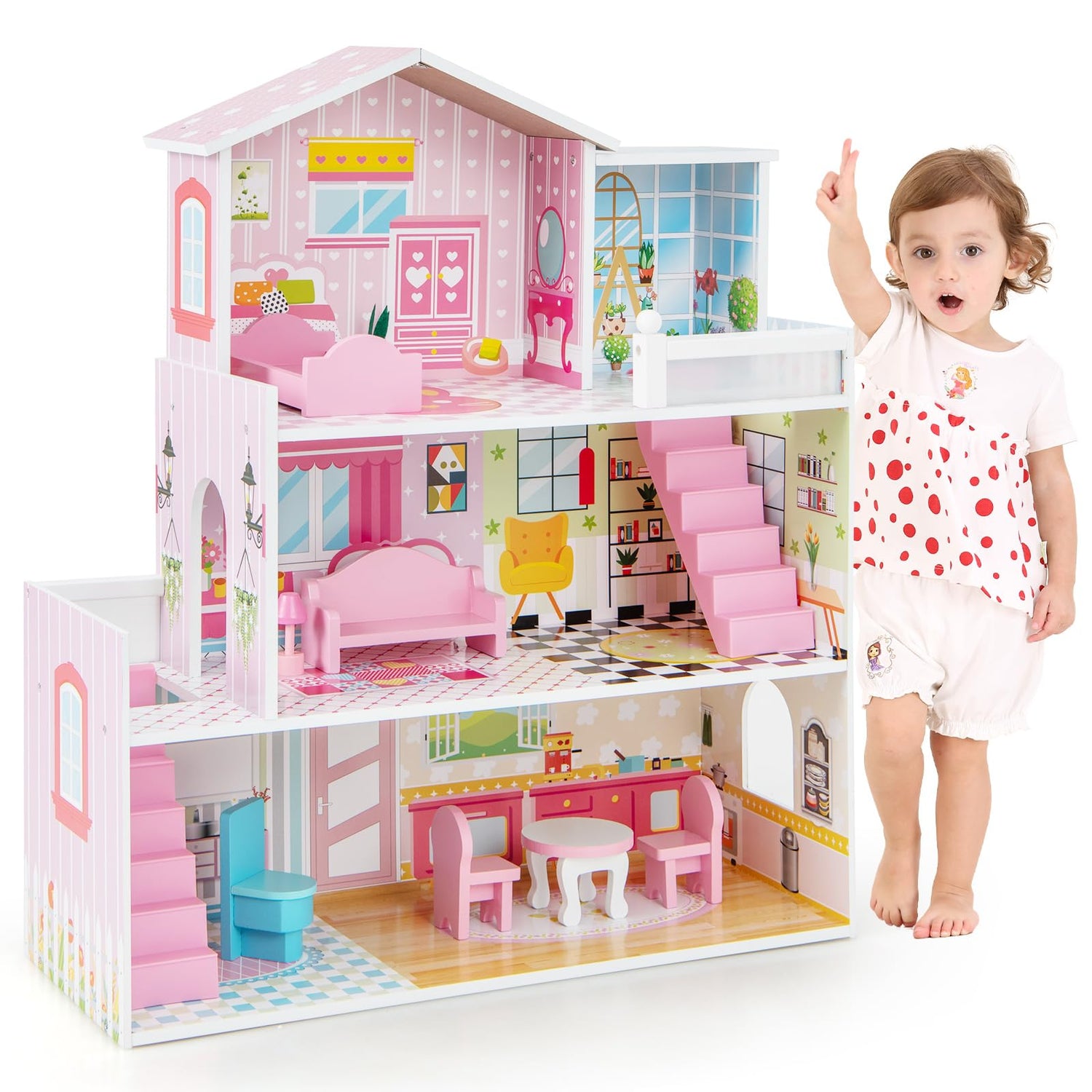 GYMAX Kids Wooden Dollhouse, 3 Storey DIY Pretend Doll House