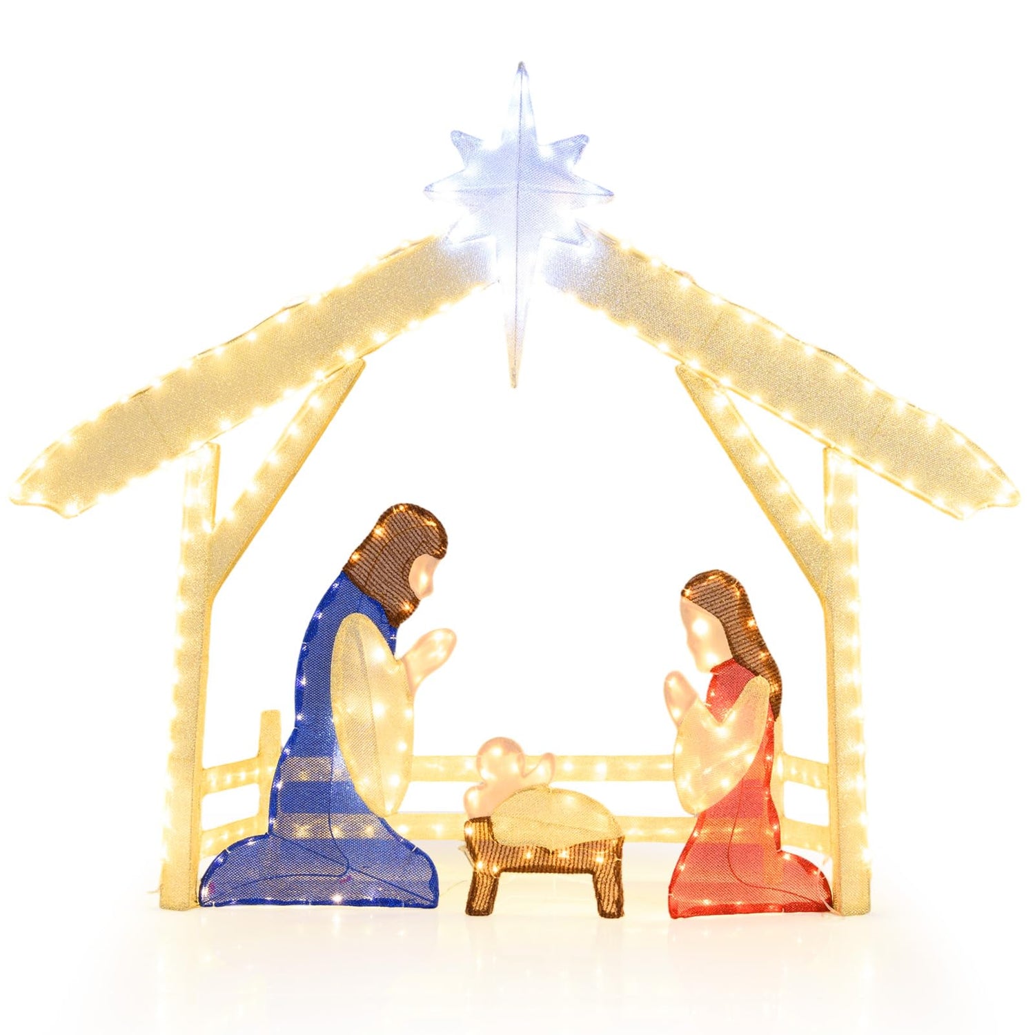 Pre-lit Christmas Holy Family Set with 272 Warm and Cold White LED Lights