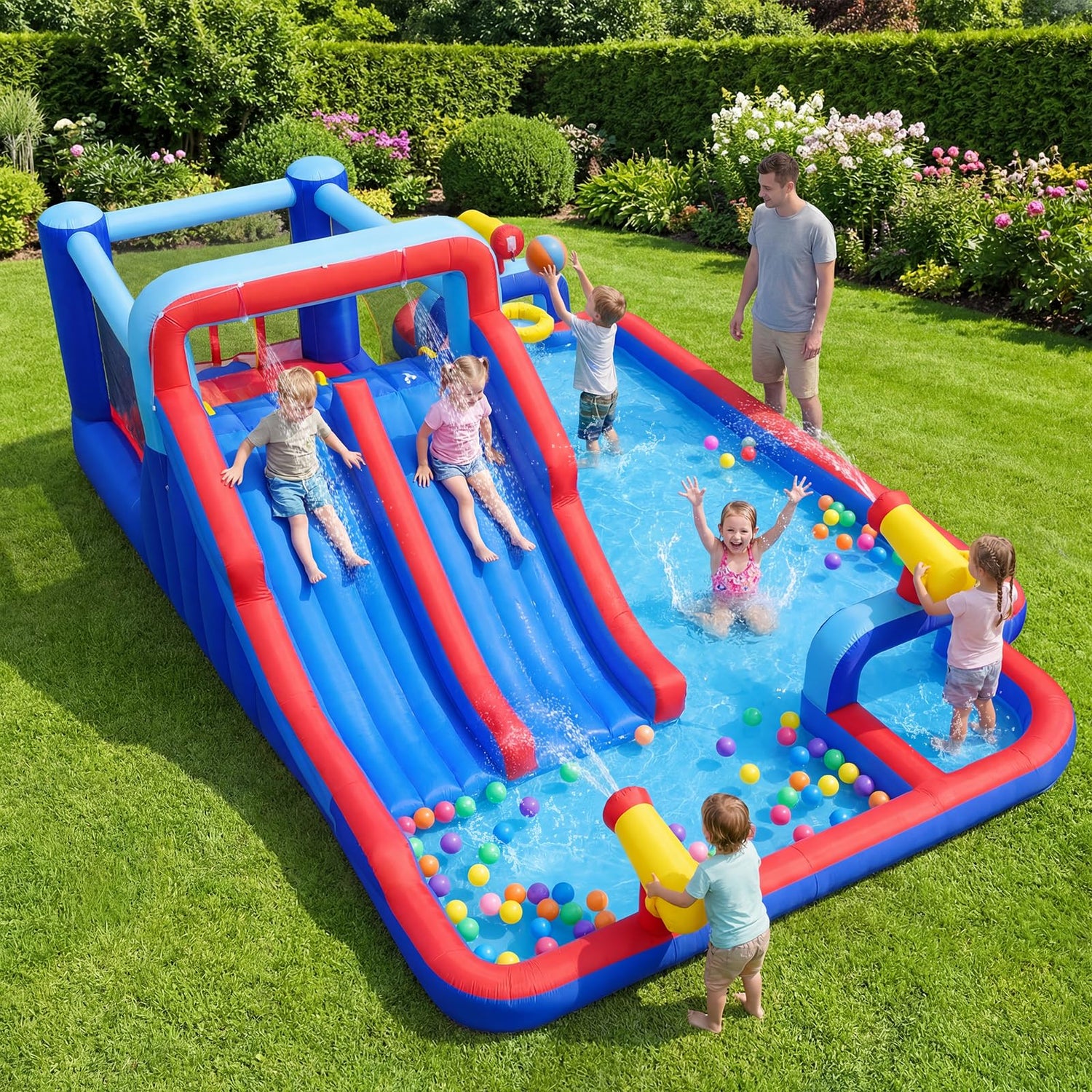 Inflatable Water Park, 5 in 1 Mega Kids Bouncy Castle with Dual Slides, Climbing Wall