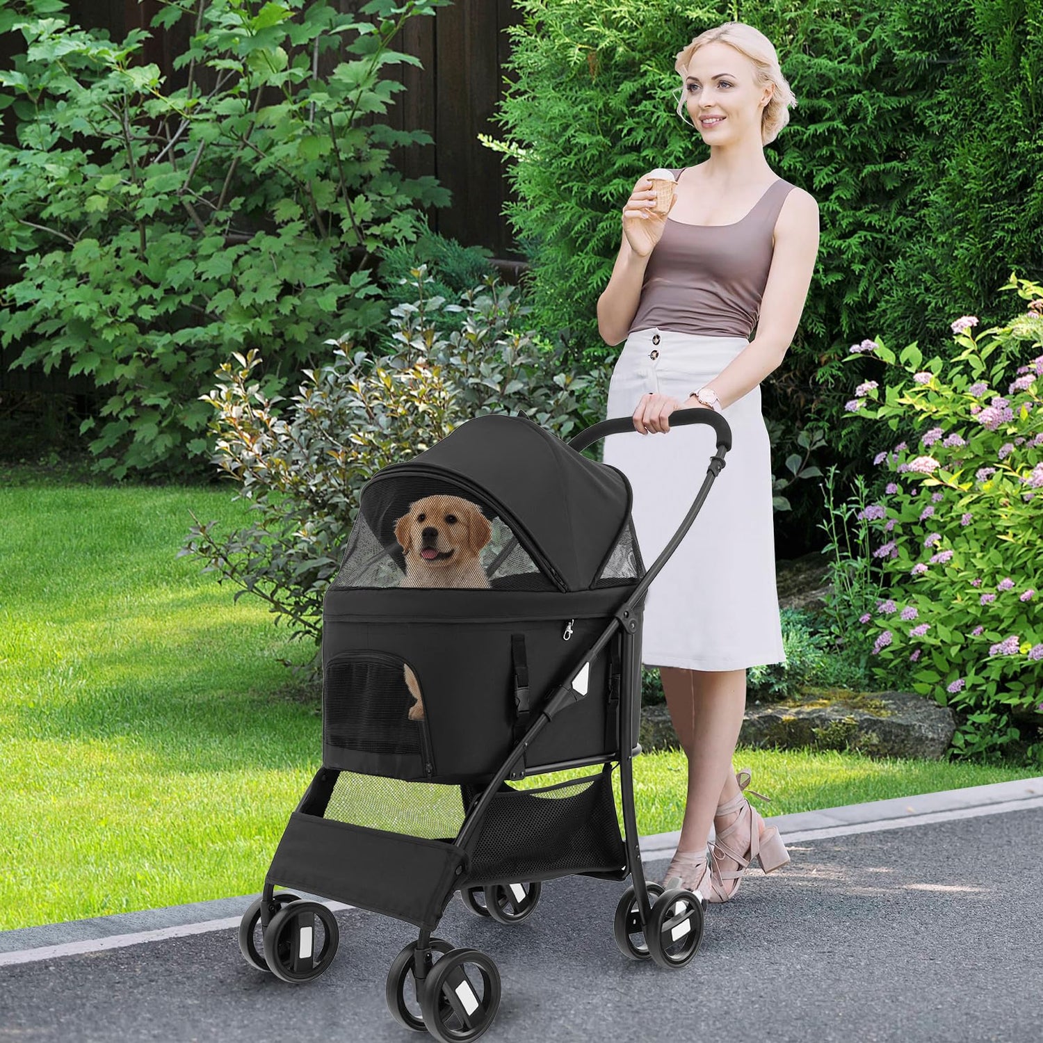 Foldable Pet Stroller with 4-Level Adjustable Canopy and Storage Basket