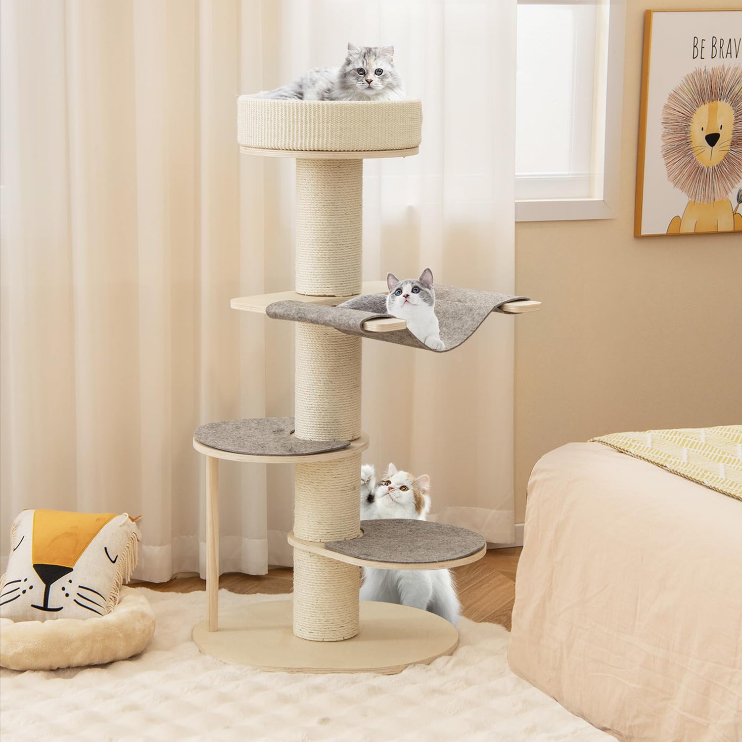 GYMAX Wooden Cat Tree, 120cm Cat Climbing Tower with Thickened Sisal Scratching Posts, Sisal Carpet, Hammock, 2 Platforms & Removable Pad