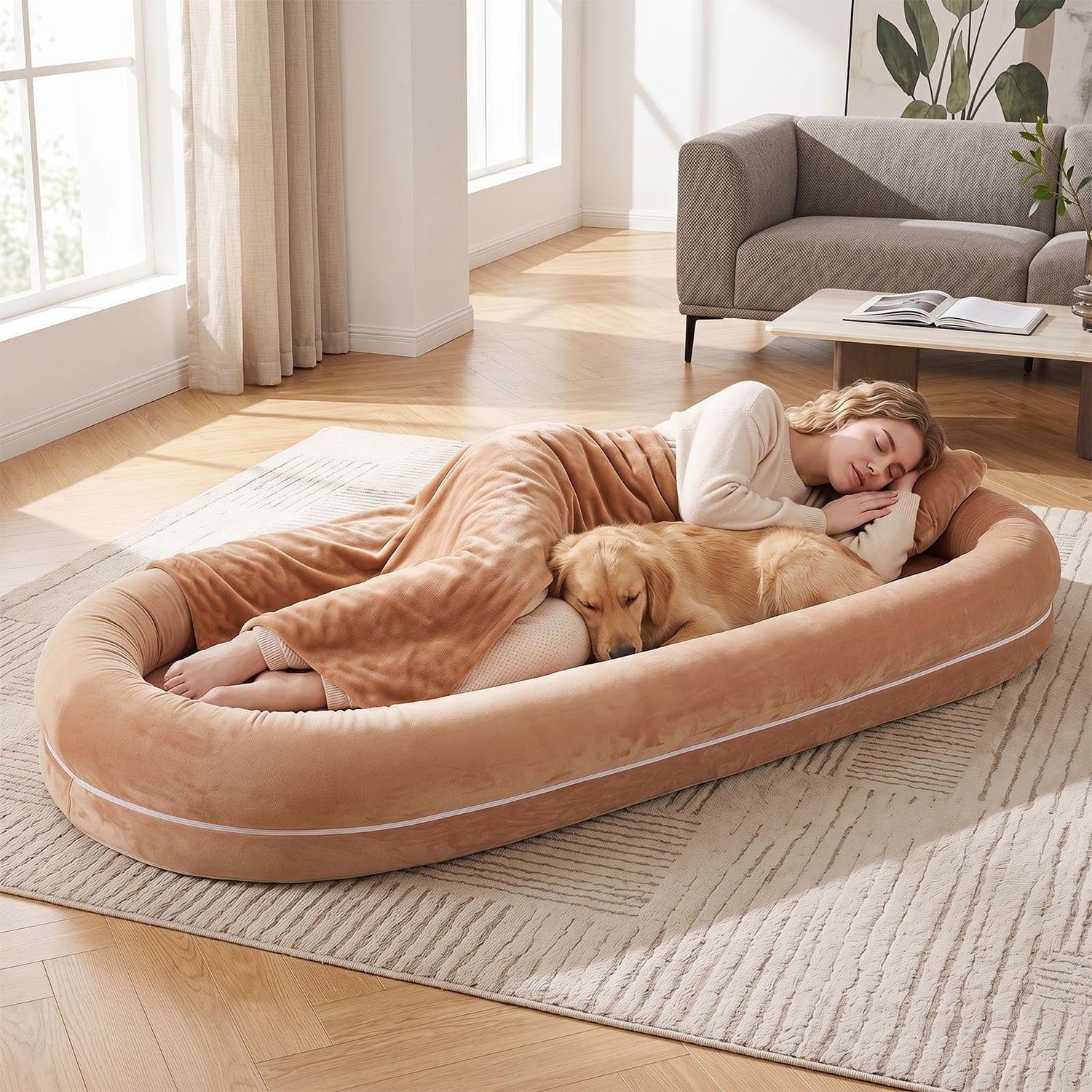 Human Dog Bed with Plush Blanket, Washable Cover