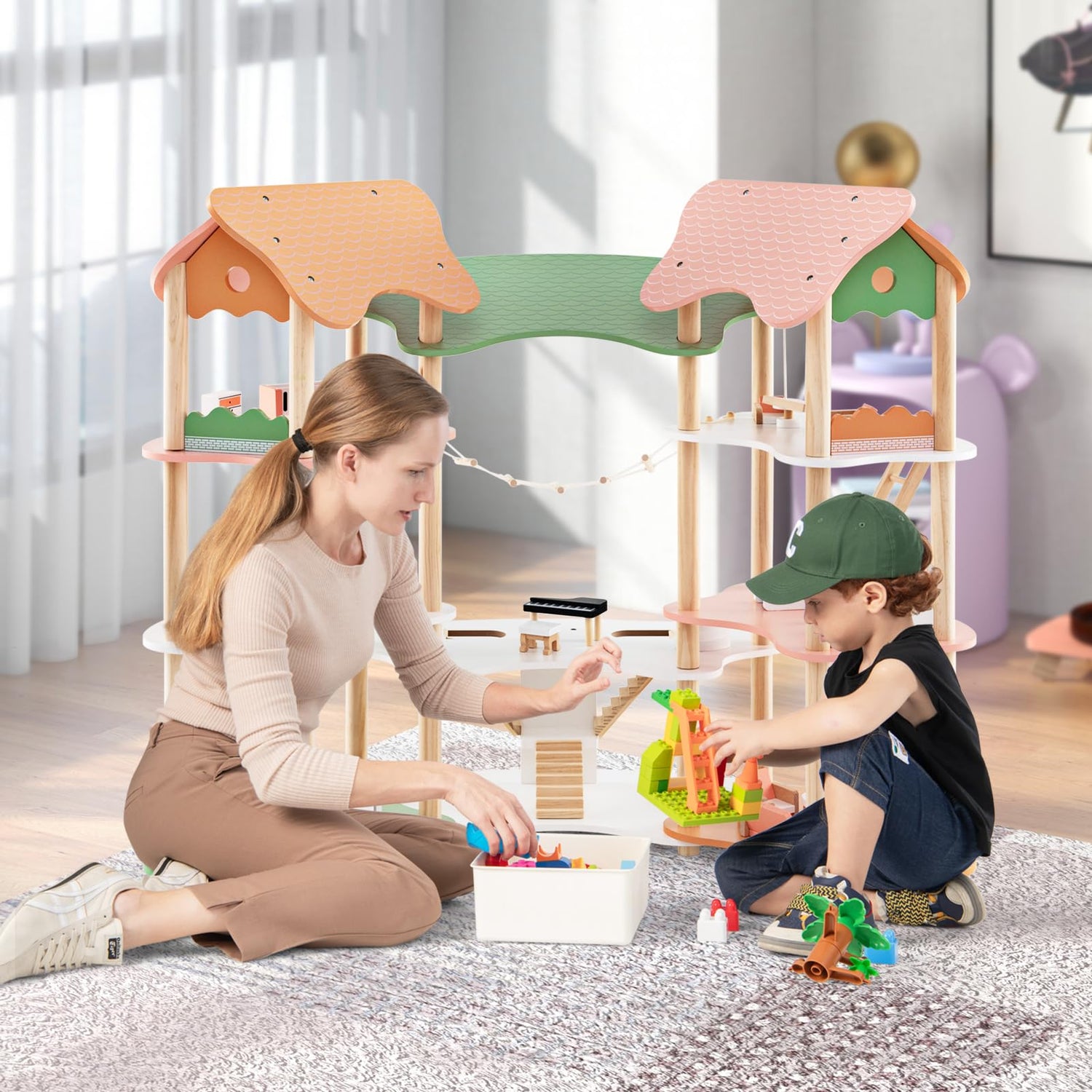 GYMAX Kids Dollhouse, 3-Storey Wooden Dolls House with 7 Simulated Rooms & 33pcs Furniture Accessories